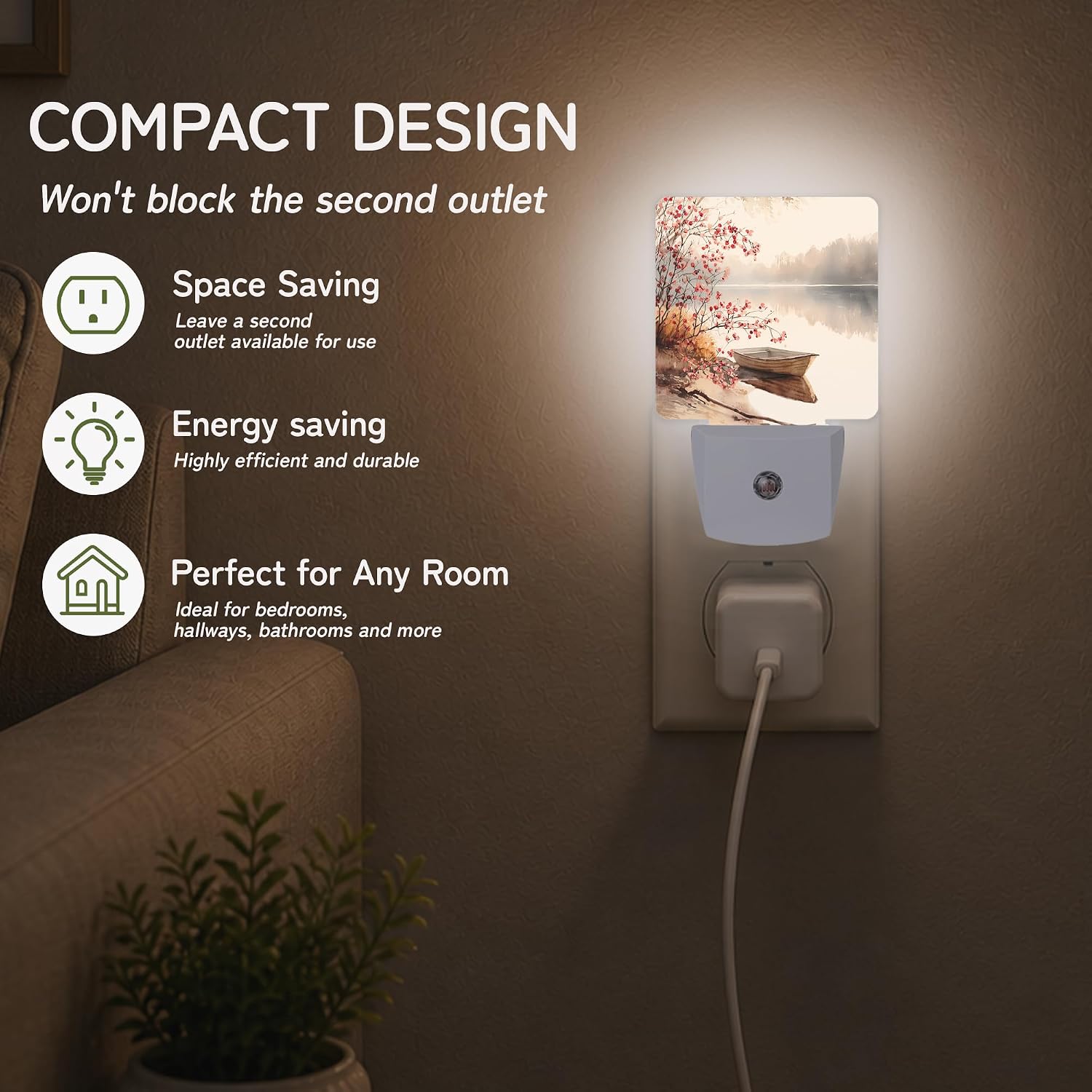 Lake Boat Autumn Night Lights Plug into Wall, Night Light for Bedroom Bathroom Hallway Kitchen, Auto Dusk to Dawn Sensor Decorative Gift…