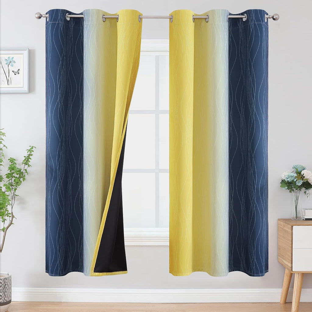 Estelartextiler Estelar Textiler Navy Blue and Yellow Ombre Blackout Curtains for Living Room, Full Room Darkening Grommet Curtains for Bed…