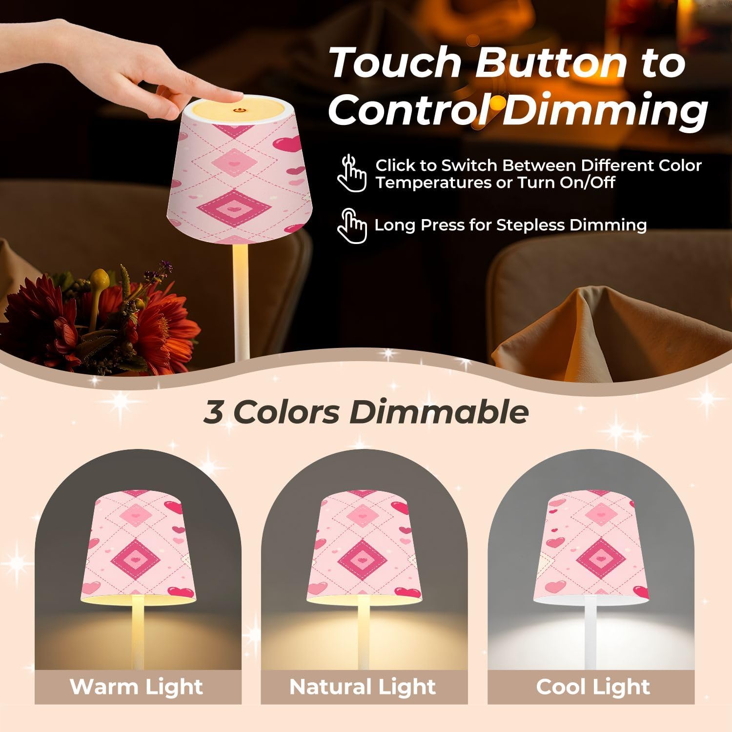 Cordless Mahjong Lamp Pink Heart Diamond Lattice Geometric Romantic Pastel Love Small LED Lamp 3 Color Dimmable Rechargeable Lamps for…