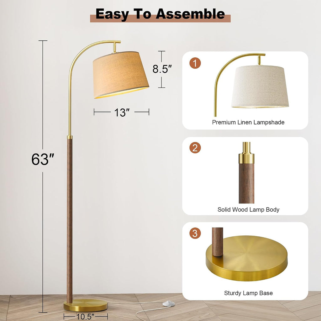 G-SAFAVA 63" Wood Floor Lamps for Living Room with Foot Switch Arc Tall Standing Lamp for Bedroom Mid Century Modern Corner Gold Floor…