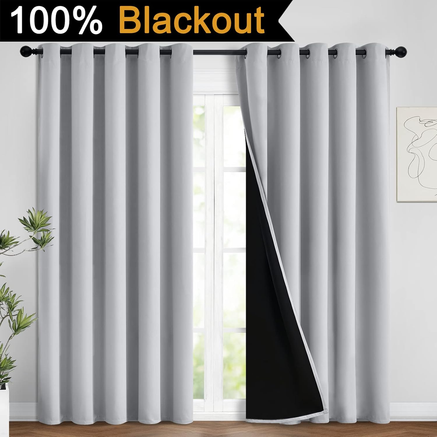 Yakamok 100% Blackout Lined Panels, Room Darkening Thermal Insulated Blackout Curtains for Bedroom, Heat Blocking Drapes for Living Room(62…