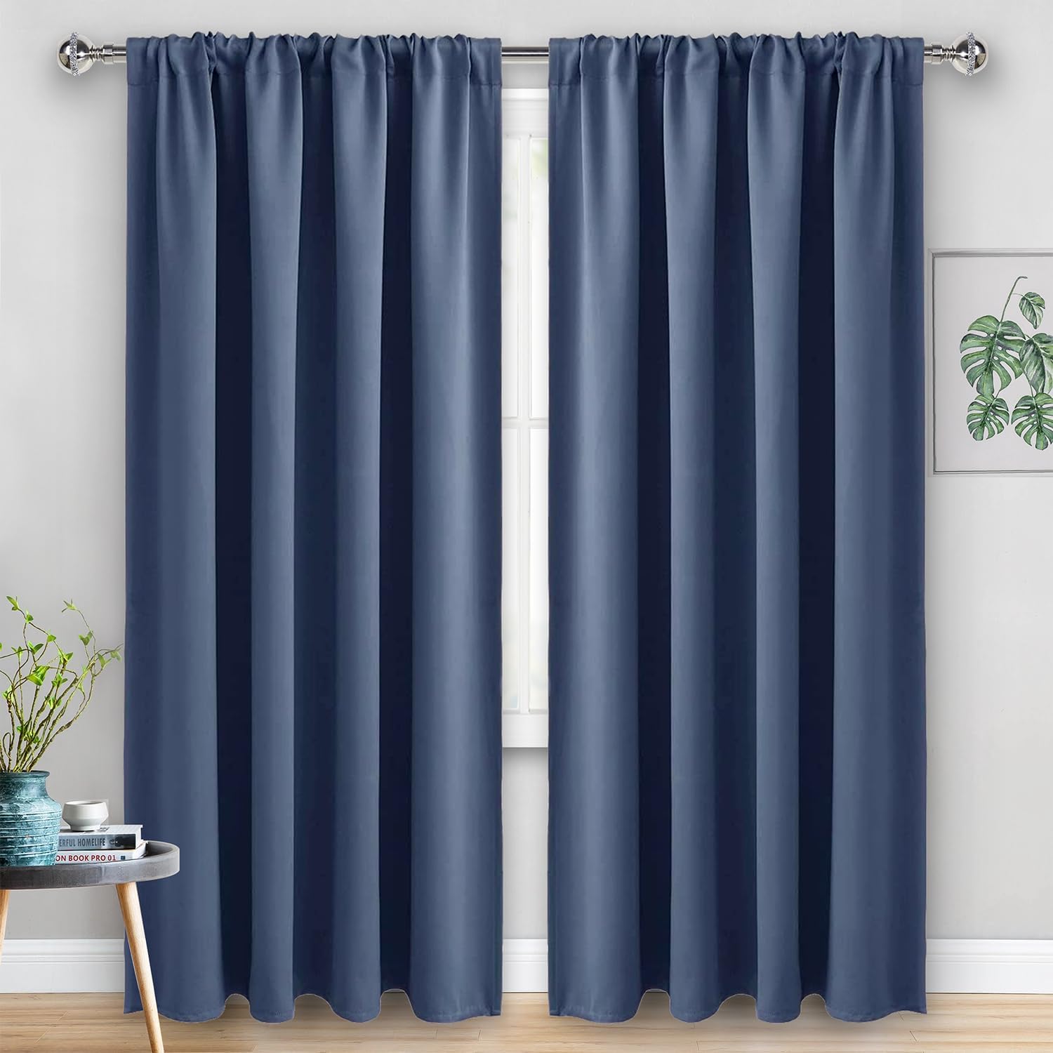Jiuzhen Dusty Blue Blackout Curtains for Bedroom - Thermal Insulated Room Darkening Rod Pocket Curtains for Living Room, Set of 2 Panels wi…