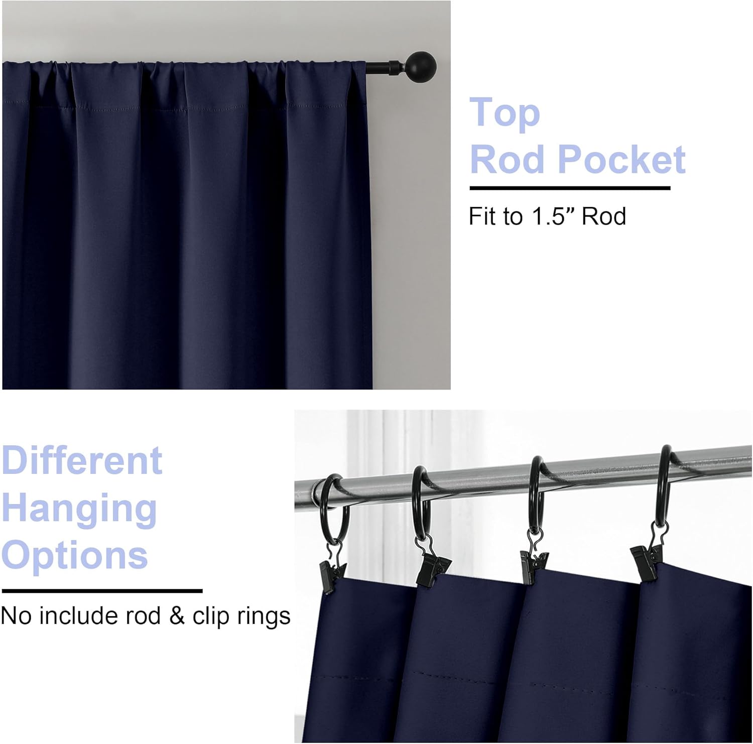 Simplebrand Ava Navy Blue Blackout Curtains for Bedroom 63 Inch Length 2 Panels, Solid Thermal Insulated Energy Saving Rod Pocket Window Tr…