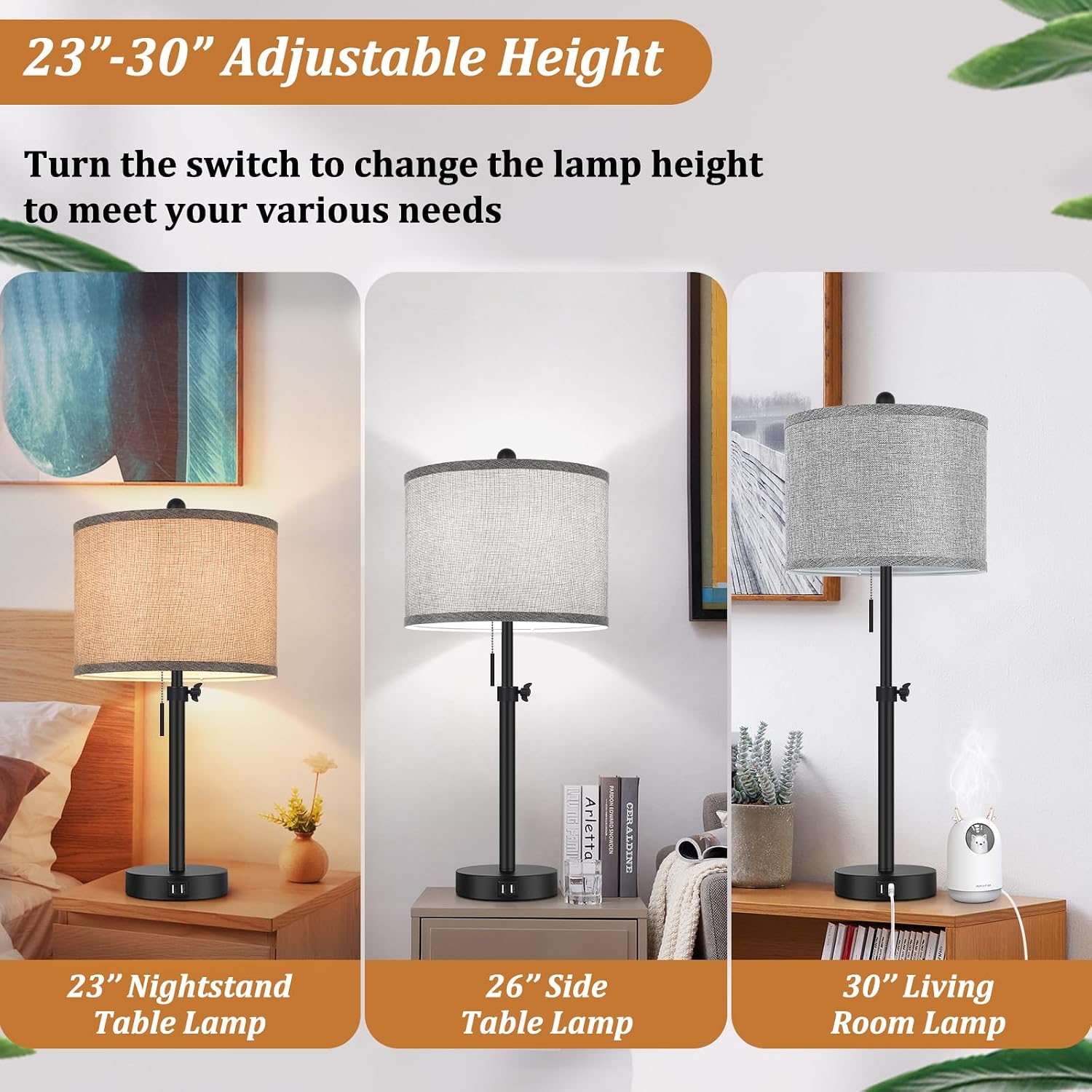 Kondras Table Lamps for Bedroom Set of 2, 23''-30'' Adjustable Height Bedside Lamps with 2 USB Ports, Black Nightstand Lamps with Grey…