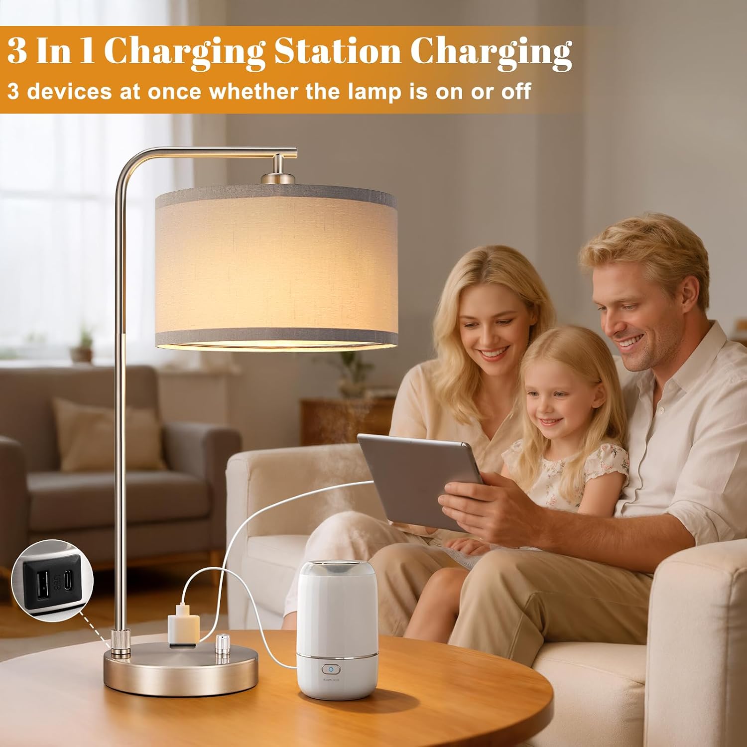 Innqoo Bedside Table Lamps for Bedroom Set of 2-Dimmable Nightstand Lamps with USB Port and Outlet, Modern Grey Lamps with Linen…