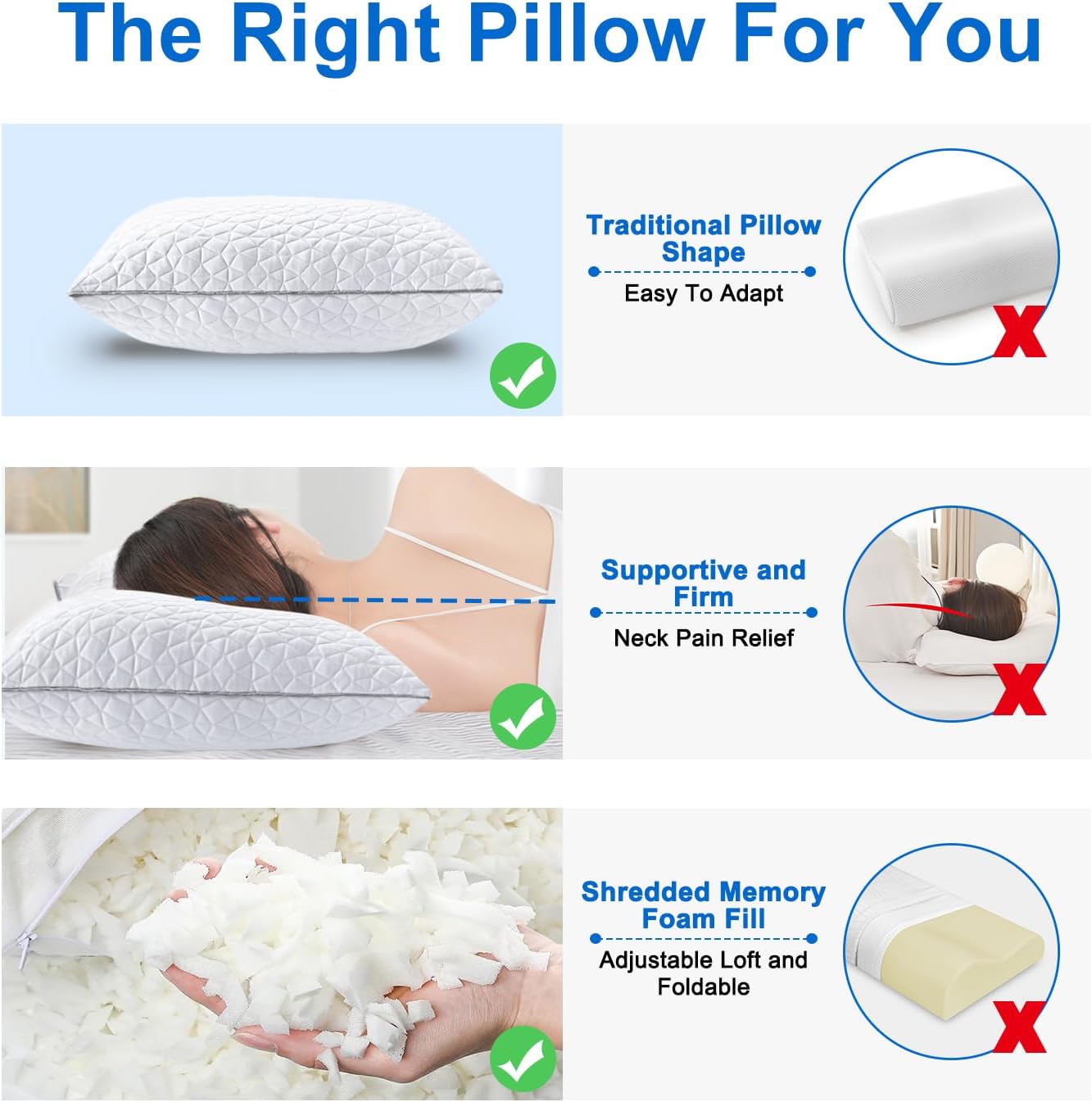 Seyfote Cooling Pillows Standard Size Set of 2, Shredded Memory Foam Pillows, Adjustable Firm Bed Pillows Cool Cold Pillow for Hot Side Bac…