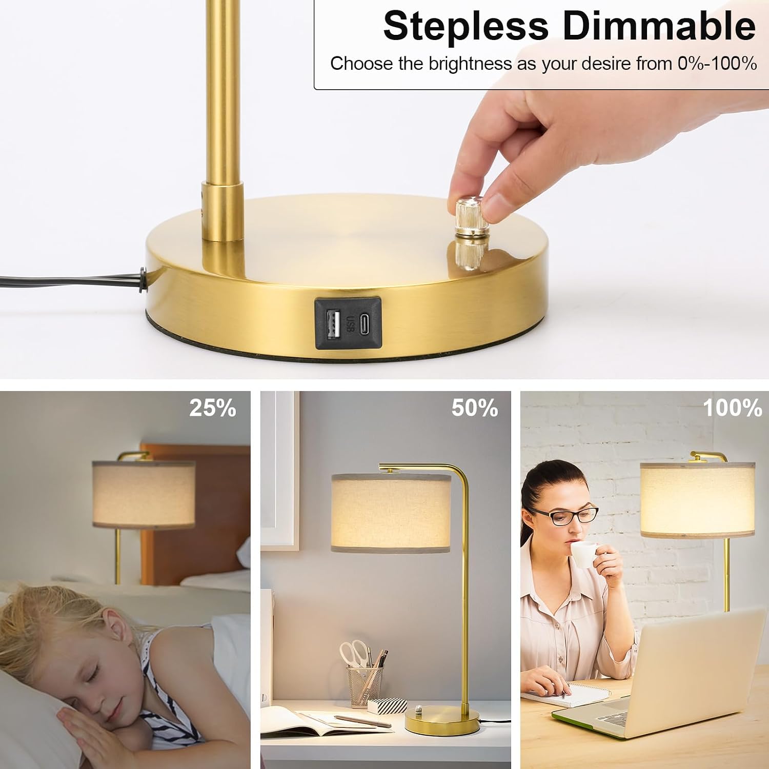 Fully Dimmable Bedside Lamp with C+A USB Ports, Mordern Gold Nightstand Lamp Desk Reading Lamp with Beige Drum Shade, Tall Side Table…