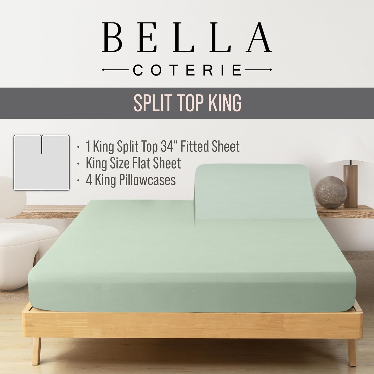 Bella Coterie 6 Piece Luxury Bamboo Viscose Split Top King Size Sheet Set | 34" Split for Adjustable Beds | 100% Organically Grown|…