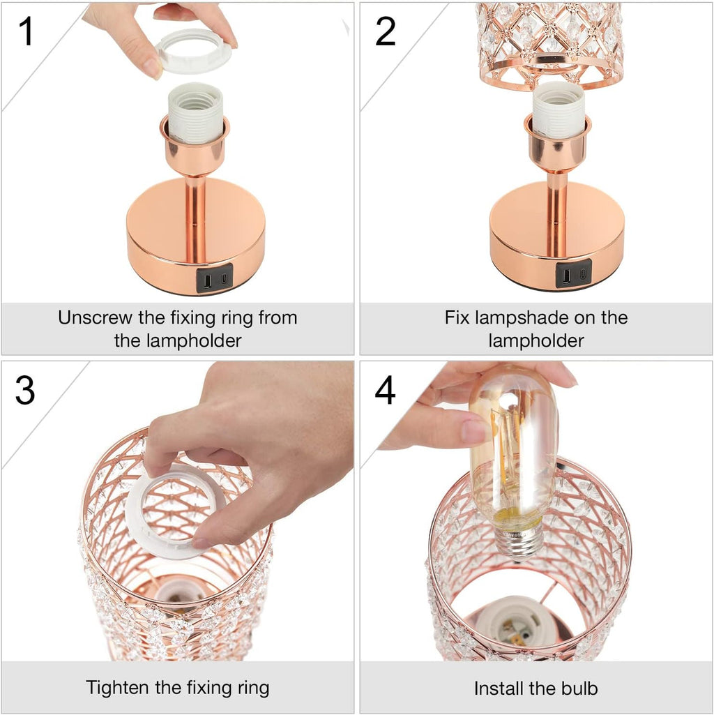 Hong-in Crystal Table Lamp - 3-Way Dimmable Touch Control, Rose Gold Bedside Lamp with USB C and A Ports, Nightstand Light for Living…