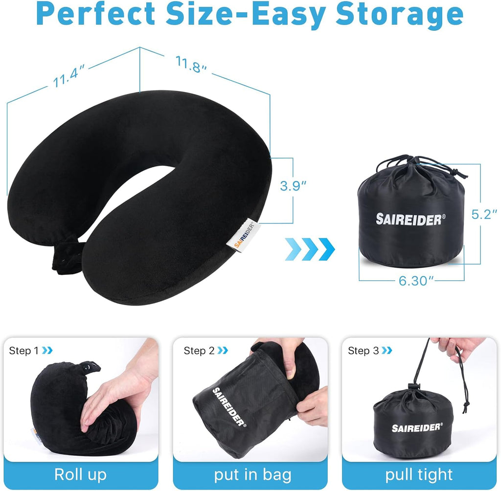 Saireider Travel Pillow 100% Pure Memory Foam Travel Neck Pillow with Storage Bag, Airplane Pillow for Traveling、Car、Home、Office, Washable C…