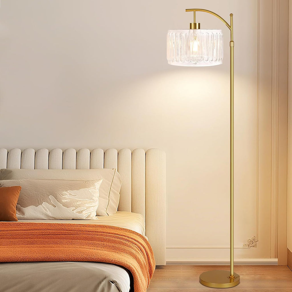 QIYIZM Glass Floor Lamp for Living Room, Bedroom, Gold Dimmable Standing Lamp with Remote, Brass White Tall Lamp Boho Mid Century Modern…