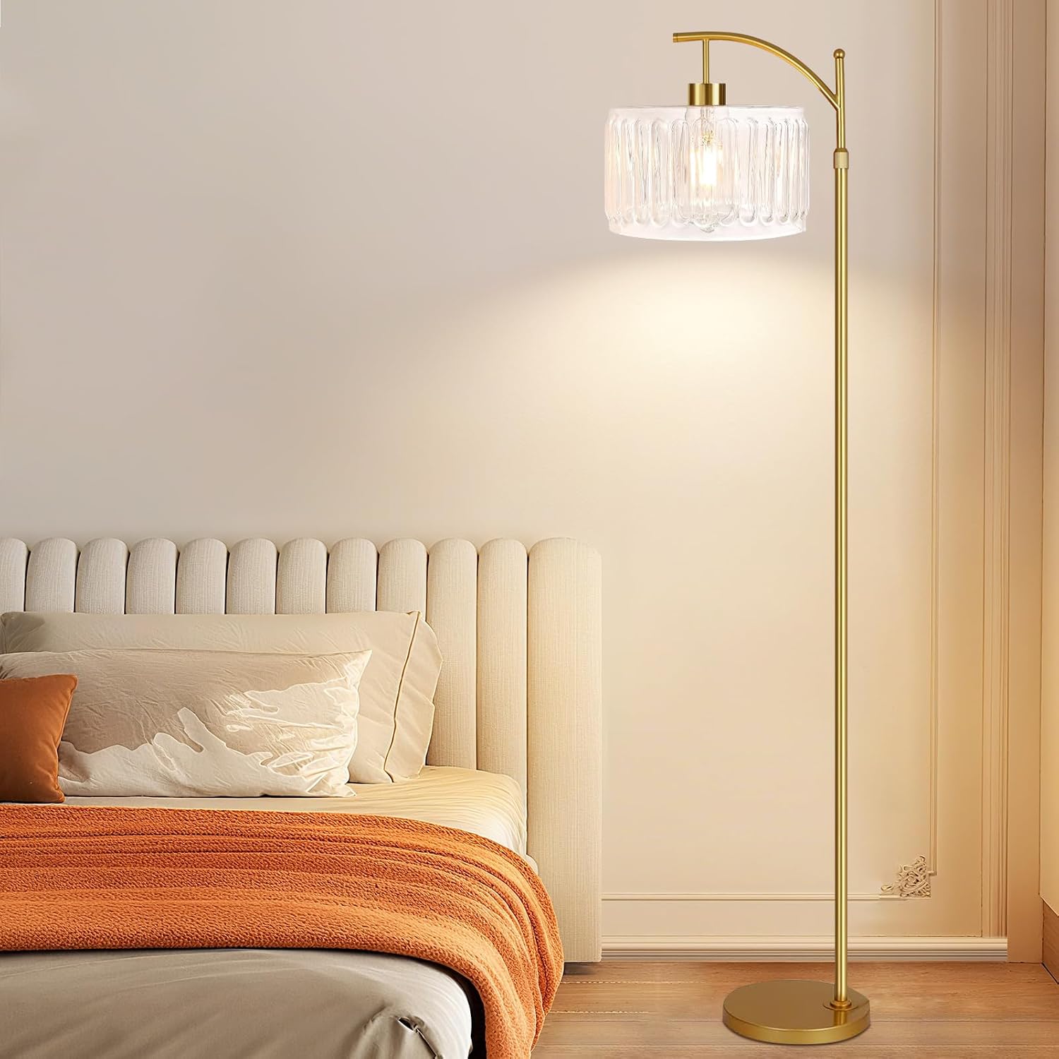QIYIZM Glass Floor Lamp for Living Room, Bedroom, Gold Dimmable Standing Lamp with Remote, Brass White Tall Lamp Boho Mid Century Modern…
