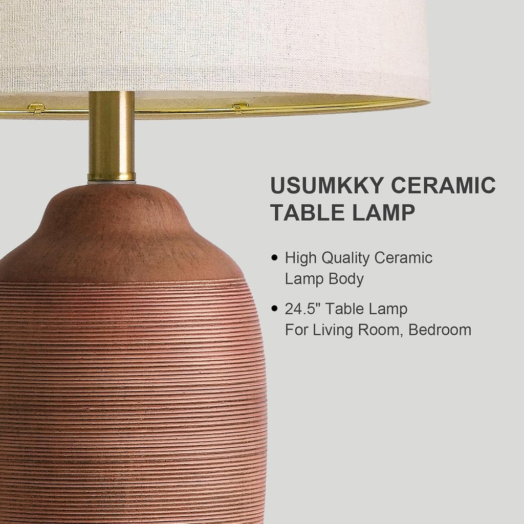 USumkky 24.5" Single Rustic Terracotta Brown Handcrafted Ceramic Table Lamp 5FT Cord, Farmhouse Vintage Lamp with Linen Drum Shade, Bedside…