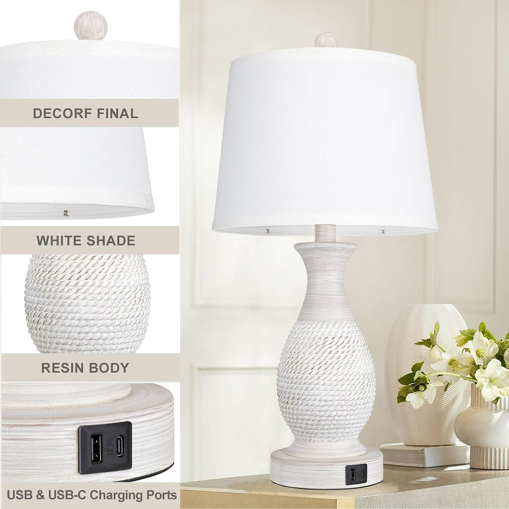 PARTPHONER Table Lamps Set of 2, Bedside Touch Lamp with USB C+A Charging Ports, Side Table Lamp with White Fabric Shade (LED Bulbs…