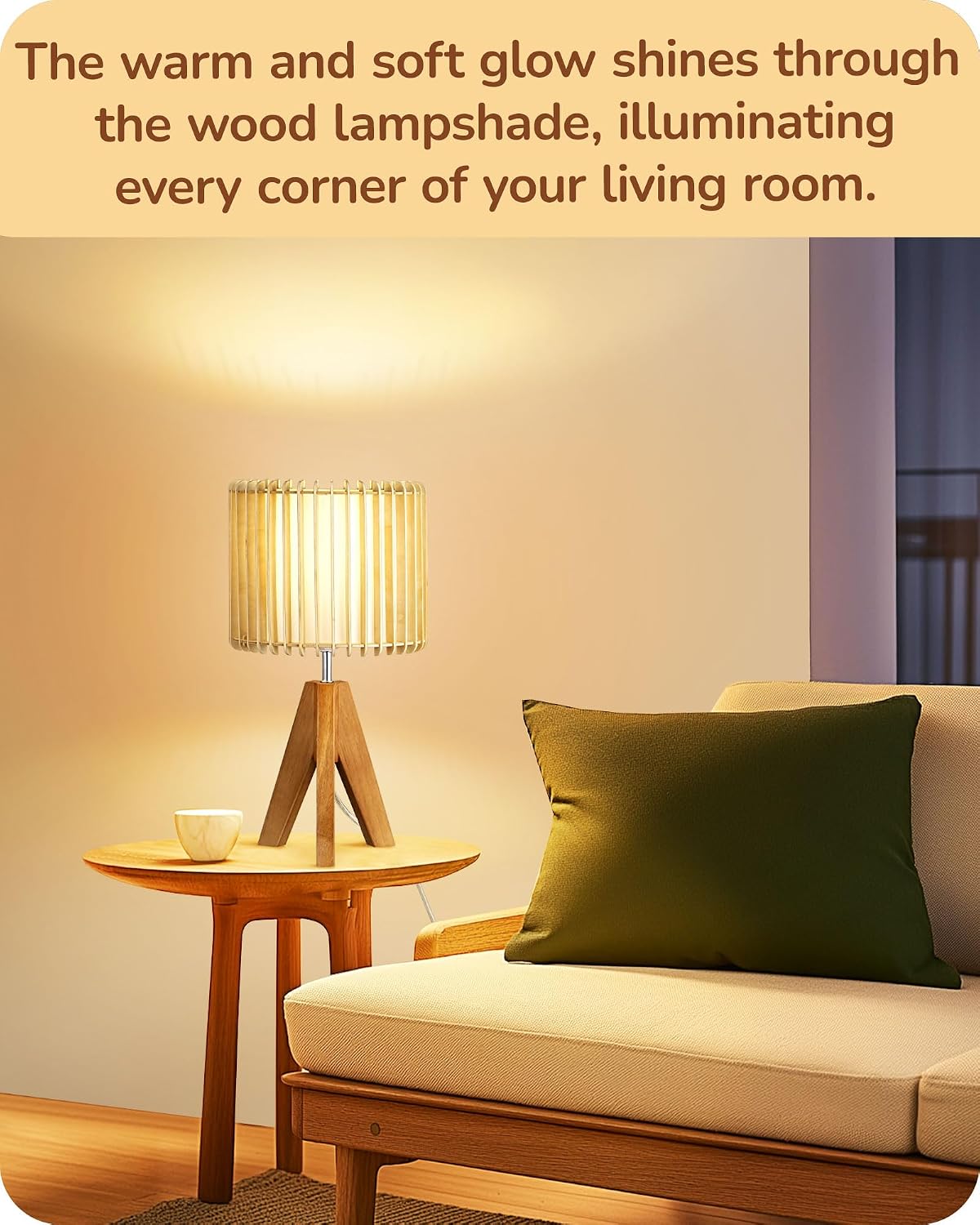 Edishine 14.17" Small Table Lamp, Wood Tripod Bedside Lamp, Natural Wood-Colored Hollow & White PVC Shade, E26 Base, Boho Nightstand Lamp f…