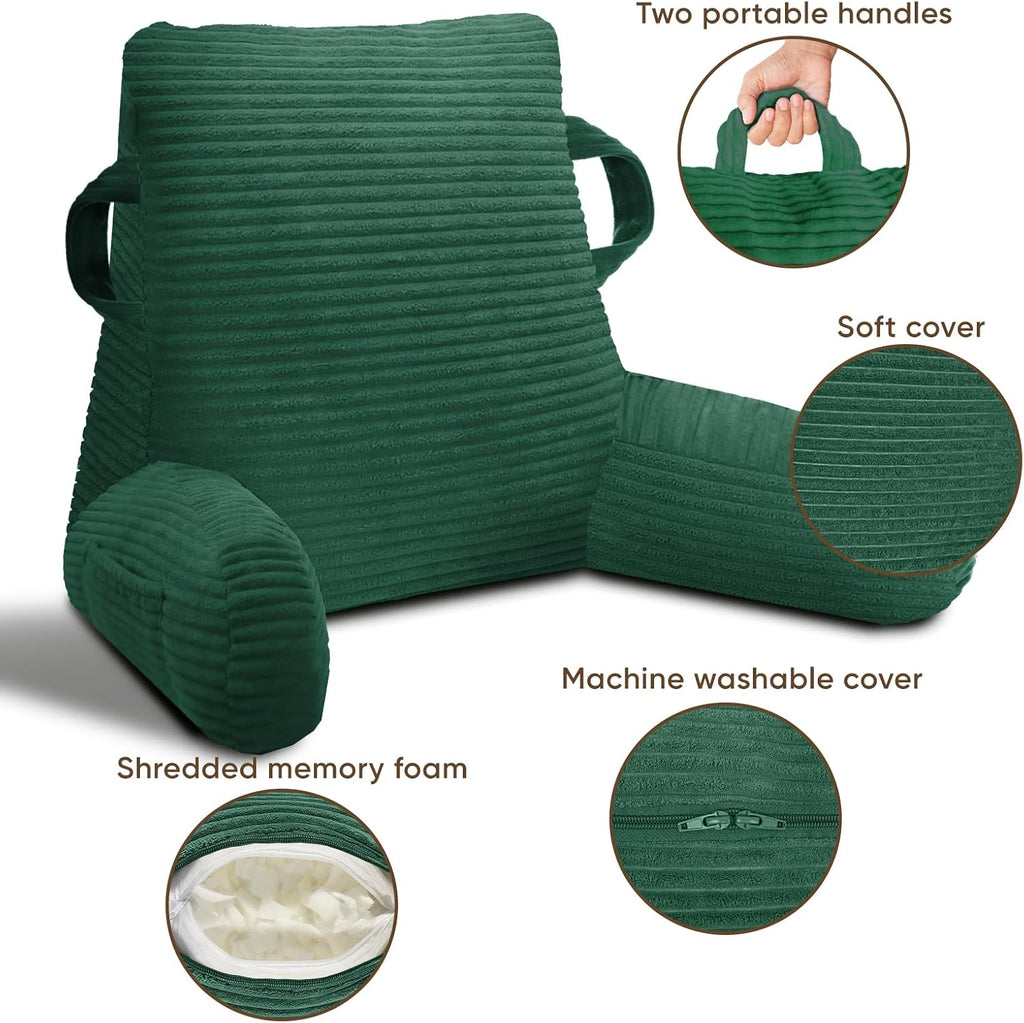 Reading Pillow for Sitting in Bed Adult, Bed Reading Pillow with Shredded Memory Foam, Back Pillow for Sitting with Arms and Pockets, Green