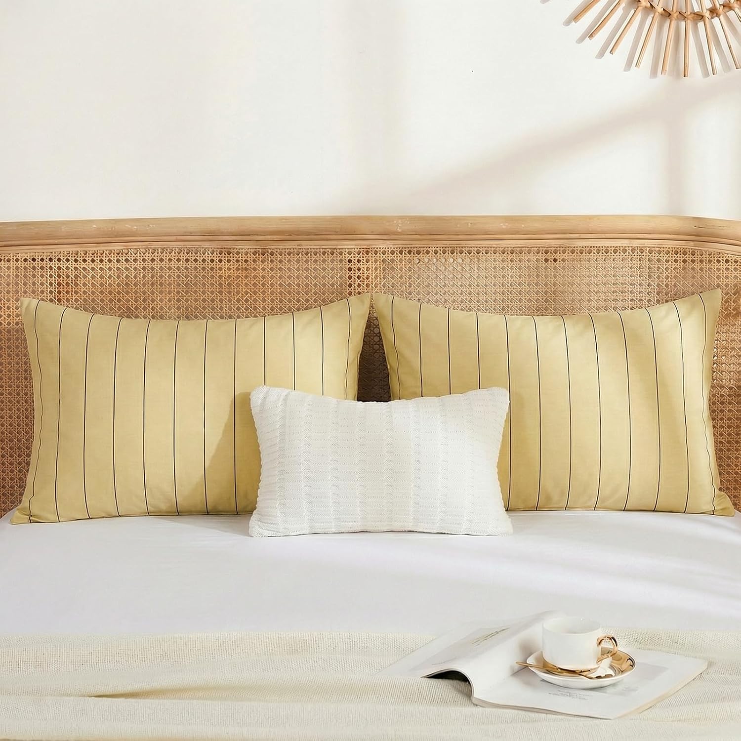 Merryword Yellow Striped Pillowcases, 100% Cotton Pillow Cases, Queen Size Pillowcases, Luxury Linen Like Pillowcase, Soft Breathable Pinst…
