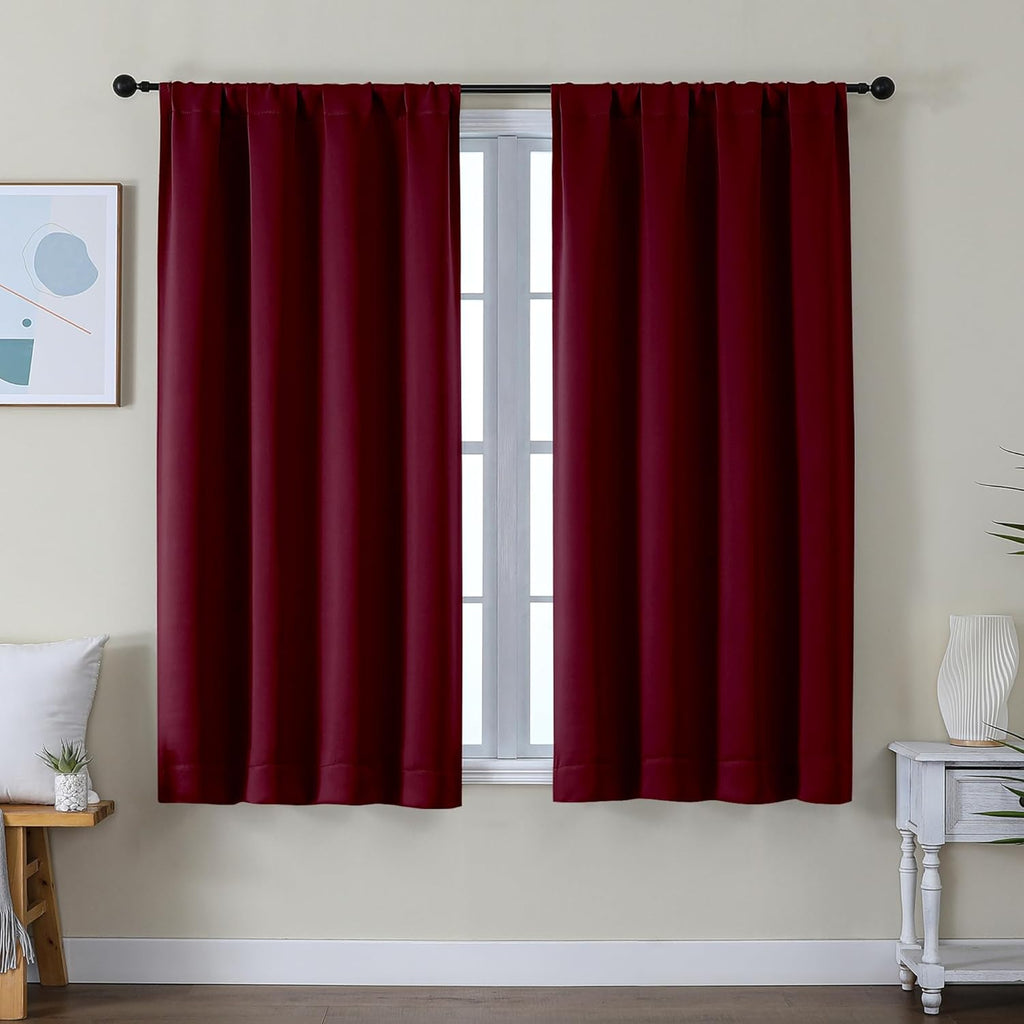 Simplebrand Ava Burgundy Short Blackout Curtains for Bedroom 54 Inches Long 2 Panels Set, Solid Thermal Insulated, Energy Saving Window Tre…