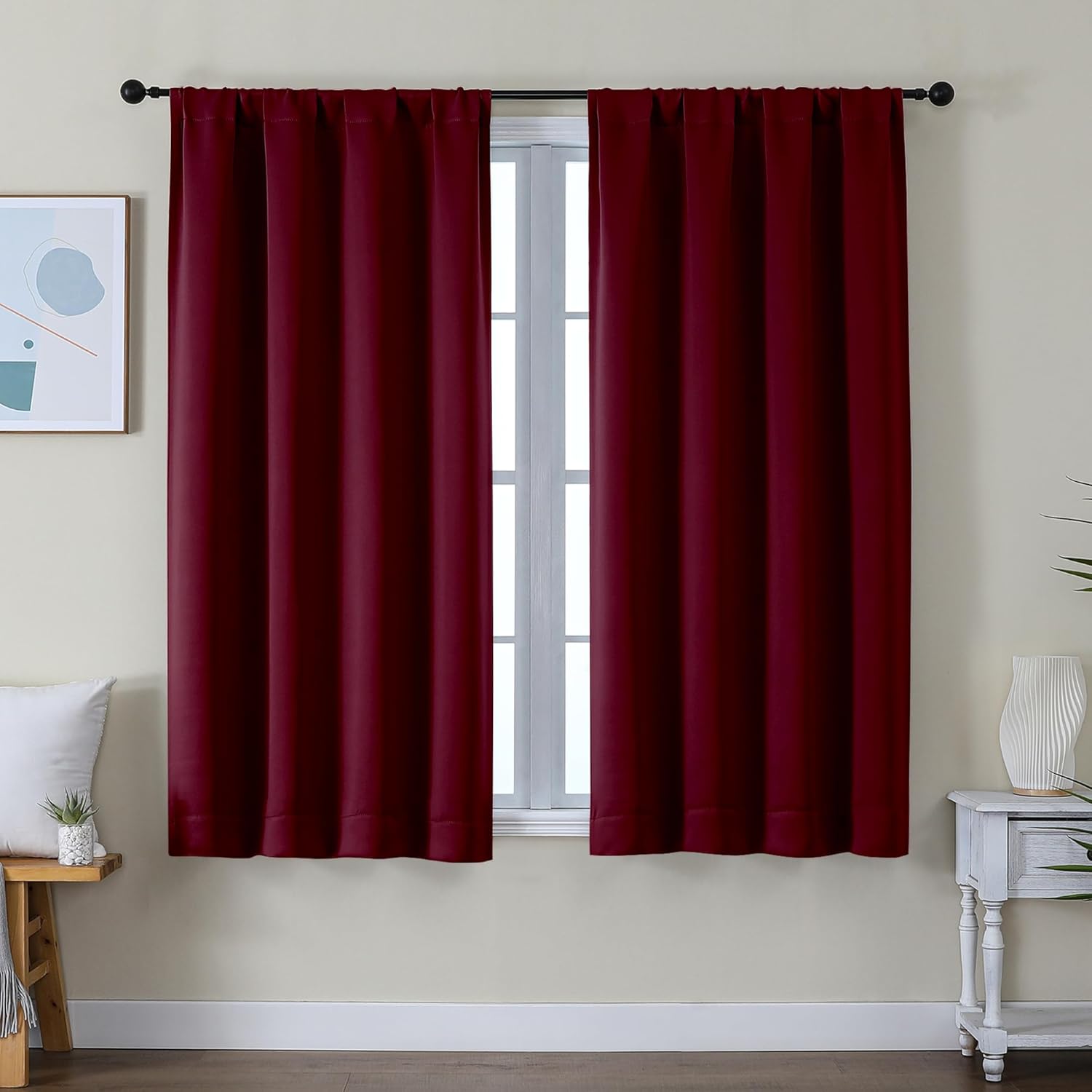 Simplebrand Ava Burgundy Short Blackout Curtains for Bedroom 54 Inches Long 2 Panels Set, Solid Thermal Insulated, Energy Saving Window Tre…