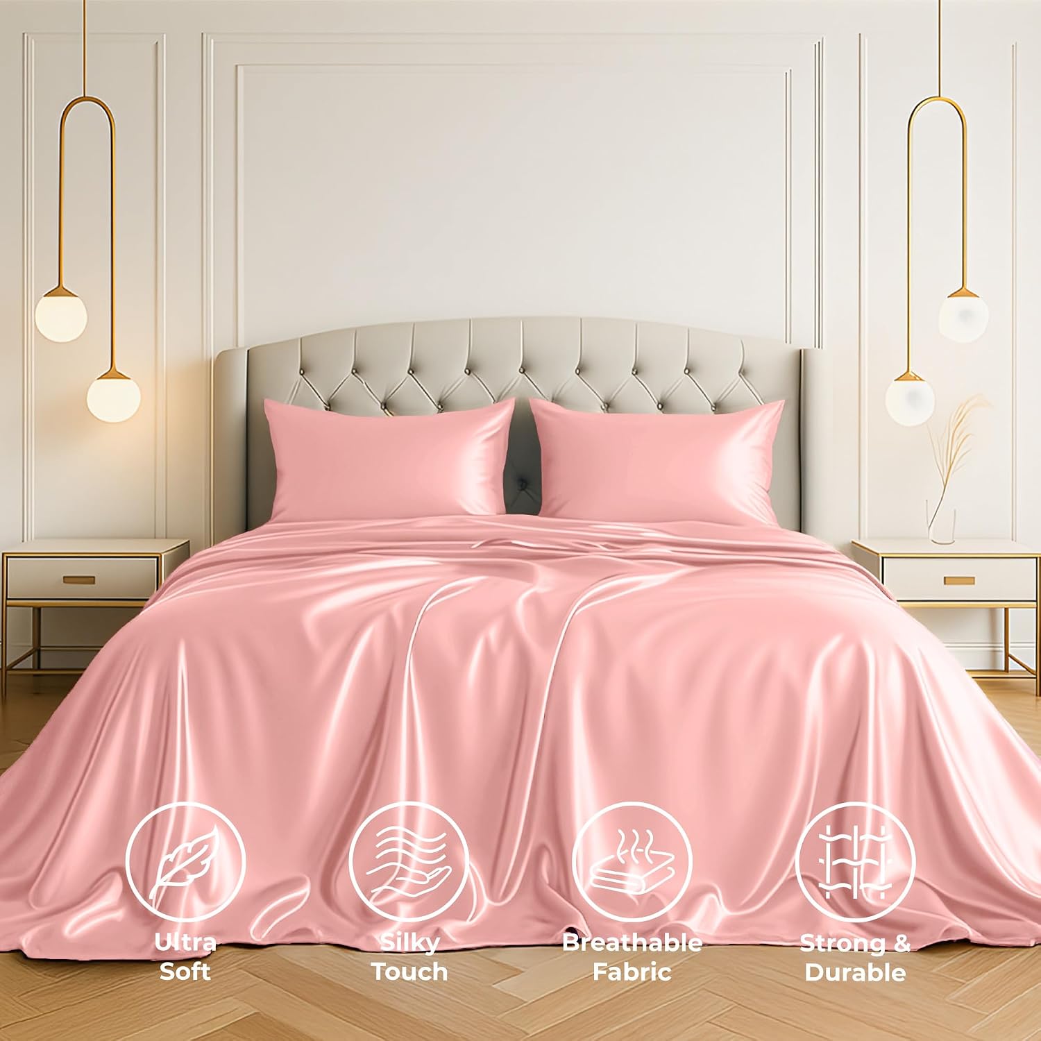 PureBedding Satin Sheets King [4-Piece, Pink] Hotel Luxury Silky Bed Sheets - Extra Soft 1800 Microfiber Sheet Set, Wrinkle, Fade, Stain Re…