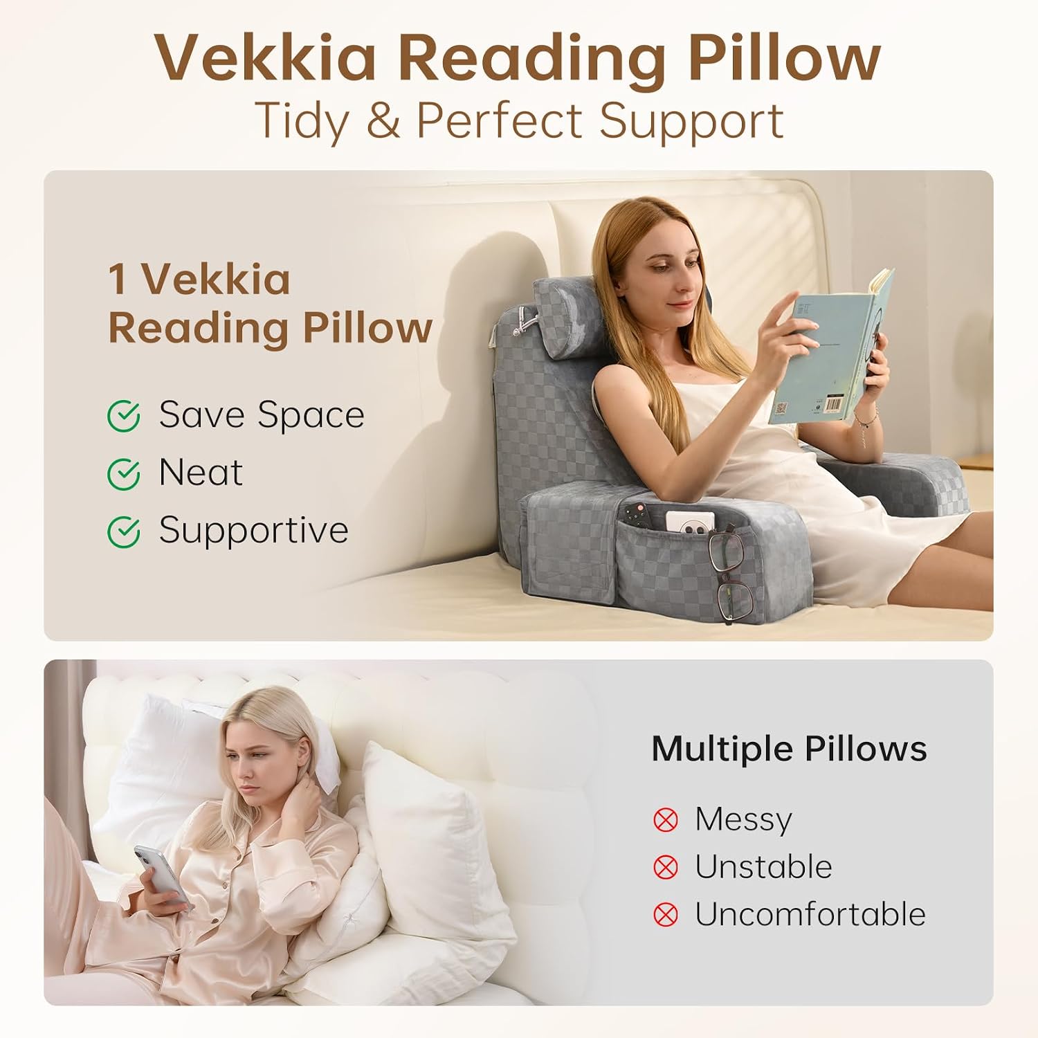 Vekkia Reading Pillow for Adults – Ergonomic 45° Wedge Back Support Chair for Sitting in Bed, XL Side Pockets, Perfect for Working…