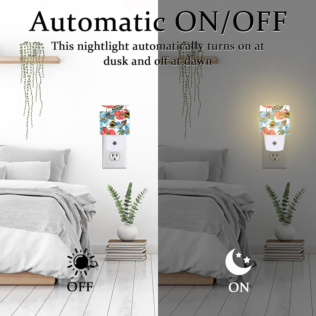 Red Poppy Flowers with Bee Butterflies Night Light for Kids, Bright Floral Insects Night Light Plug in with Dusk to Dawn Sensor,0.5w…