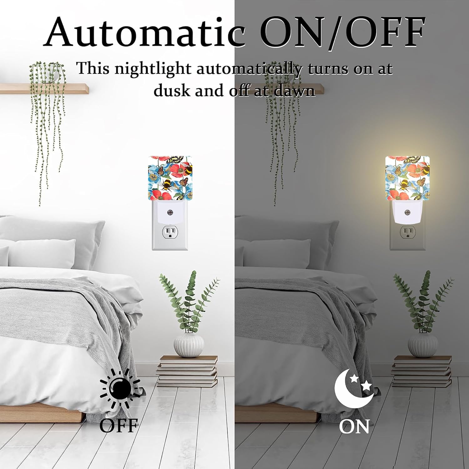 Red Poppy Flowers with Bee Butterflies Night Light for Kids, Bright Floral Insects Night Light Plug in with Dusk to Dawn Sensor,0.5w…