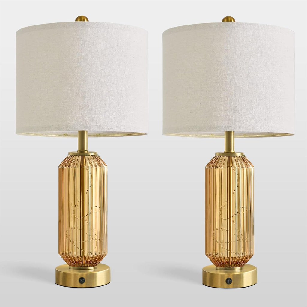 Oneach 24.5" Bedside Table Lamps Set of 2, Amber Glass Nightstand Lamps with USB A+C Charging Ports and Night Light, Gold Modern Lamps…