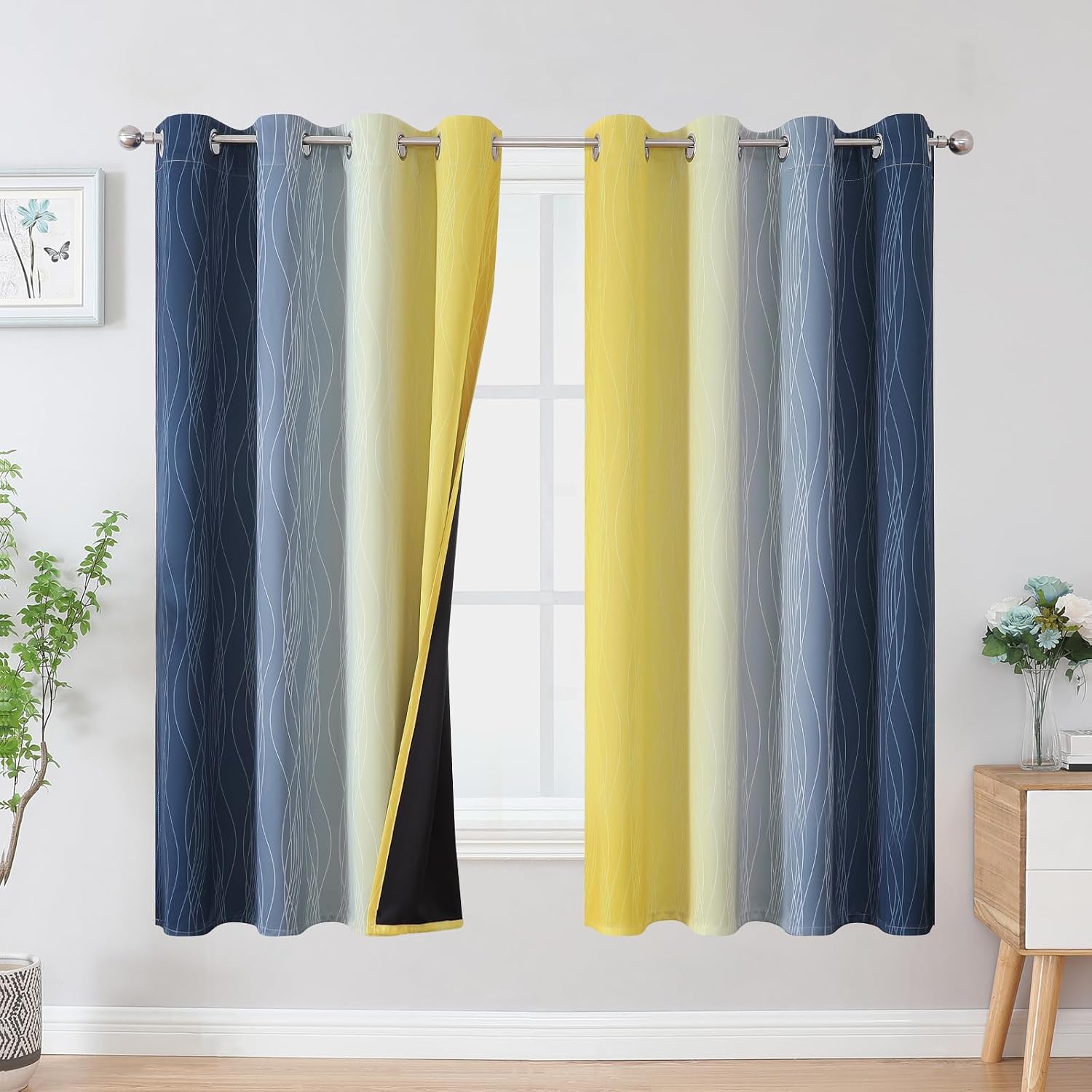 Estelartextiler Estelar Textiler Navy Blue and Yellow Blackout Curtains 63 Inch Length 2 Panels Set, Full Room Darkening Grommet Ombre Curt…