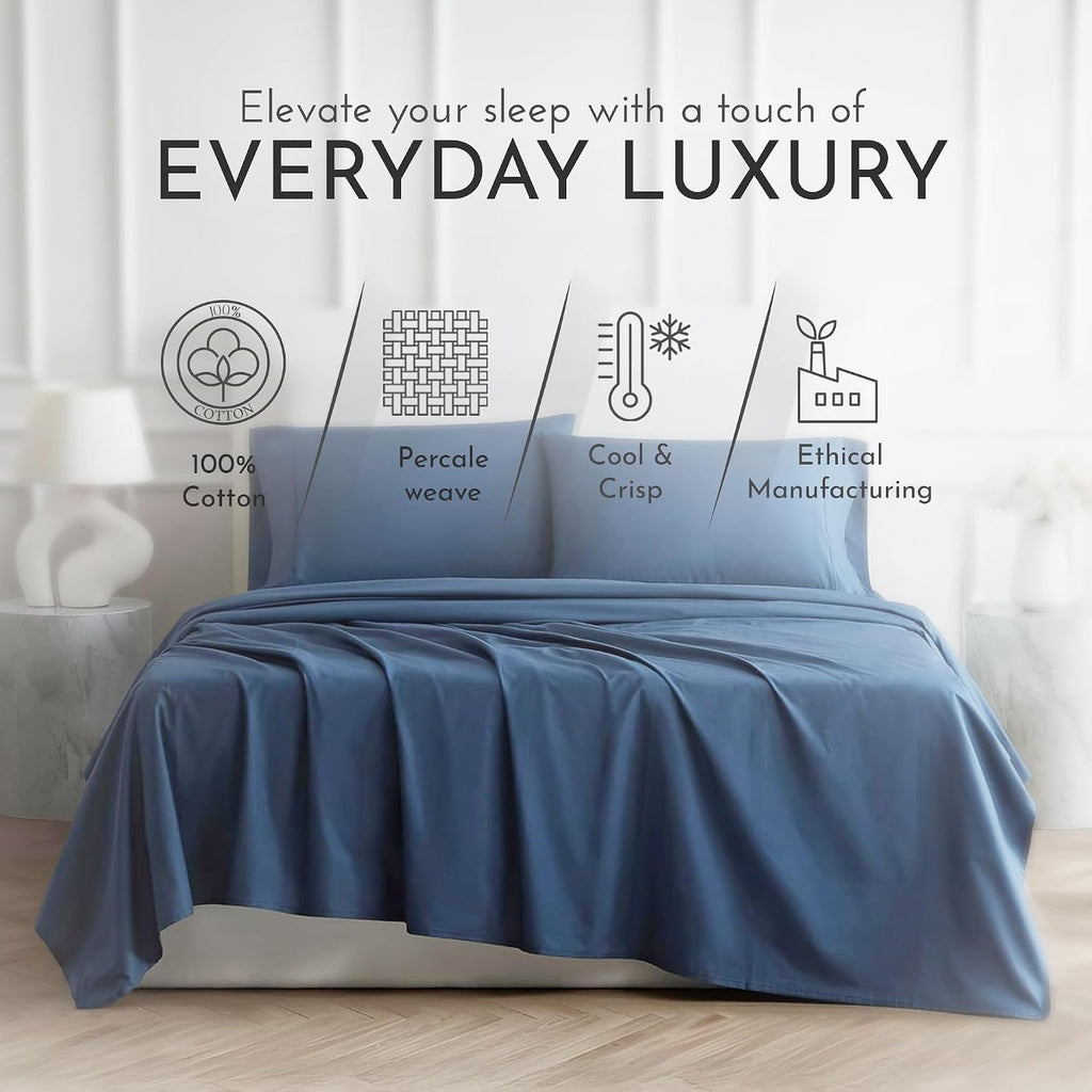 Linen Closet 4 Pcs 100% Cotton Queen Sheet Set, Navy, 400 Thread Count, Percale Weave, Deep Pocket Fitted Sheet, Fits Up To 18" Mattress…