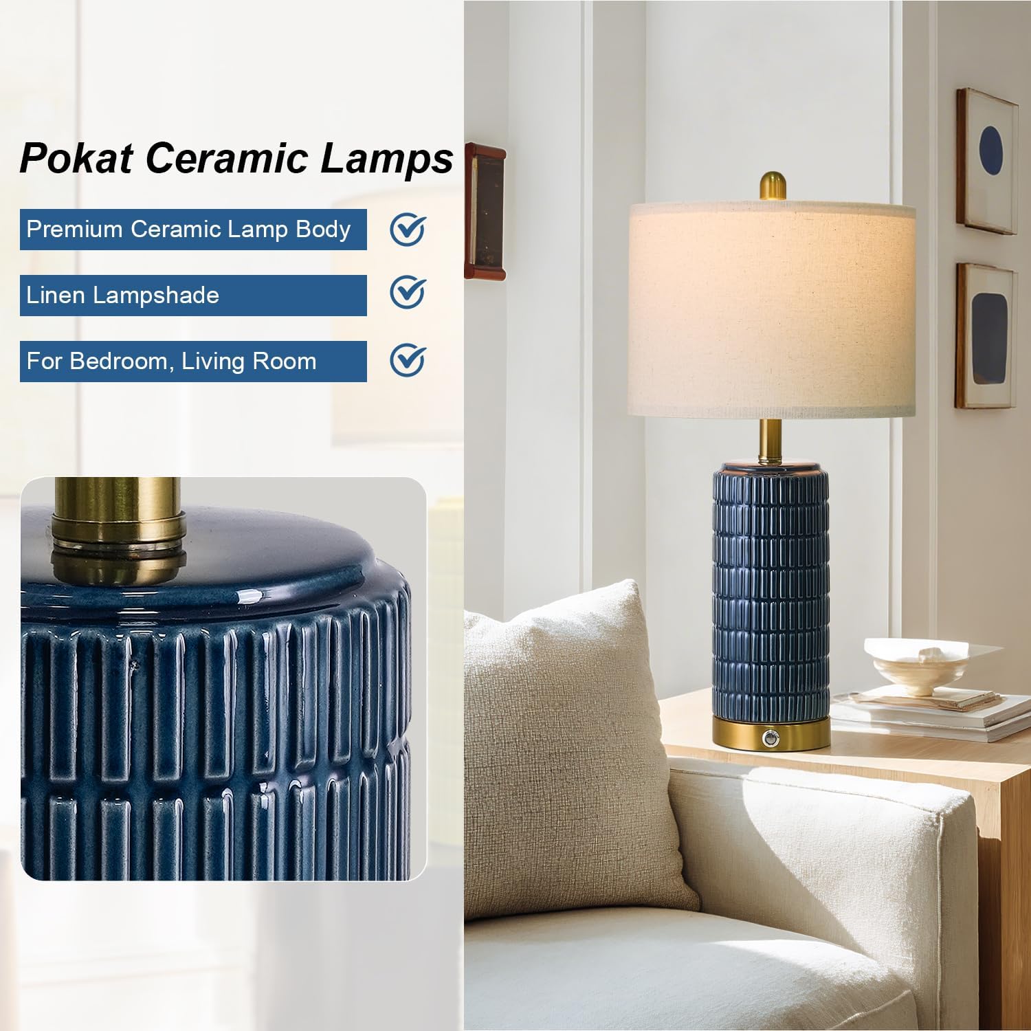 PoKat Touch Bedside Table Lamps with USB Ports for Bedroom, 25'' Dimmable Nightstand Touch Lamps for Living Room, Blue Ceramic Lamps with…