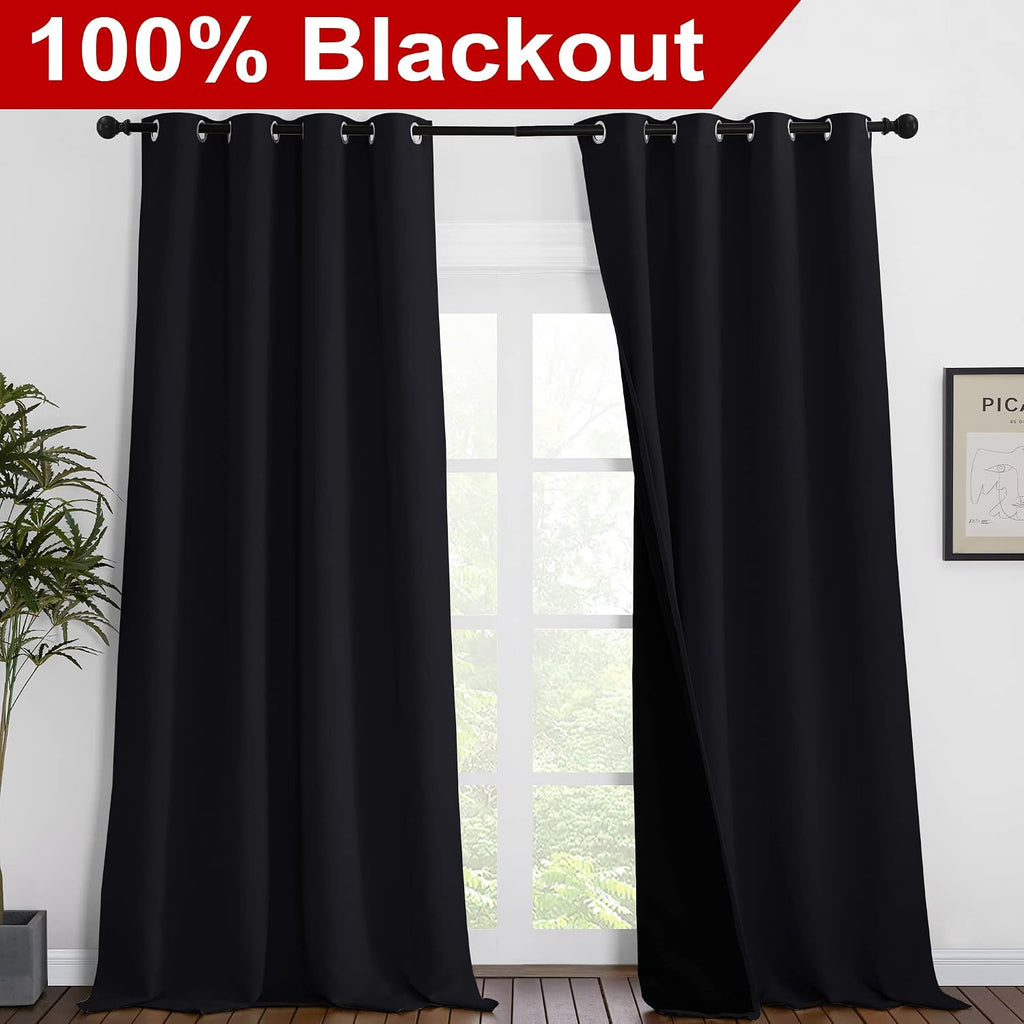Nicetown Cold Blocking 100% Blackout Curtains, Durable Black Lined Blackout Curtains for Bedroom, Energy Saving Long Curtains for Patio Sli…