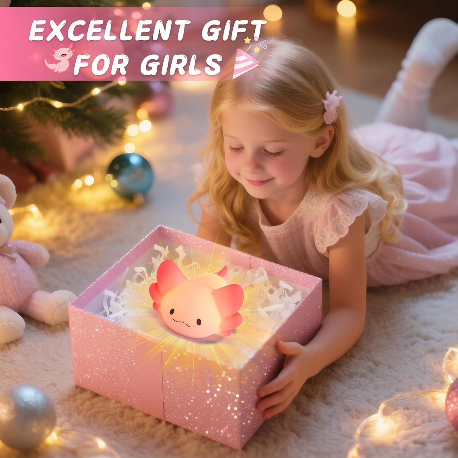 LOVERUIS Axolotl Night Light for Kids Gifts Squishy Nightlight for Kid Room Decor Girls Rechargeable 1/3 Hours Timer Lamp Colorful Cute…