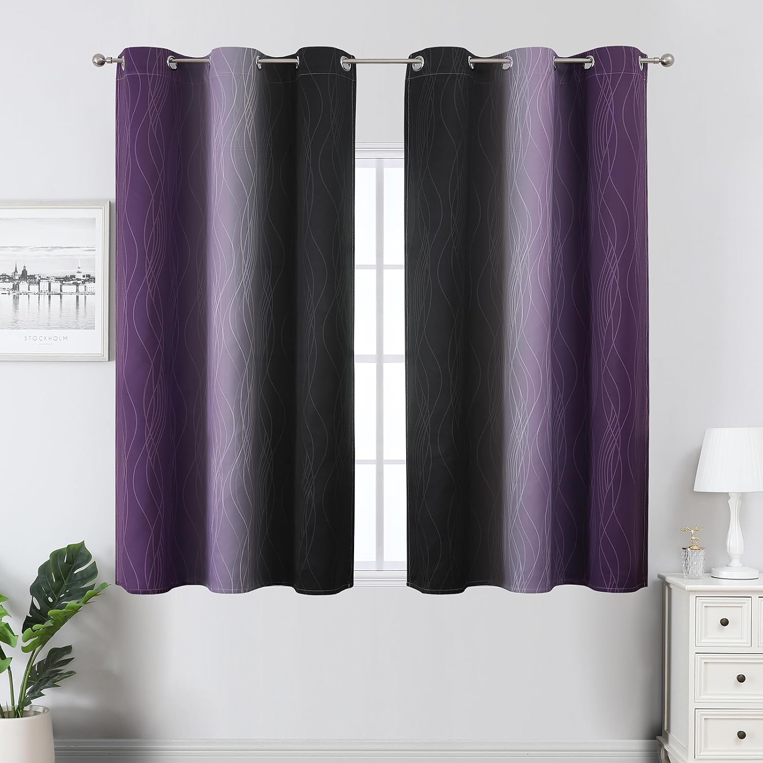 Estelartextiler Estelar Textiler Purple and Black Ombre Blackout Curtains 45 Inch Length, Full Room Darkening Gradient Drapes for Kitchen,…