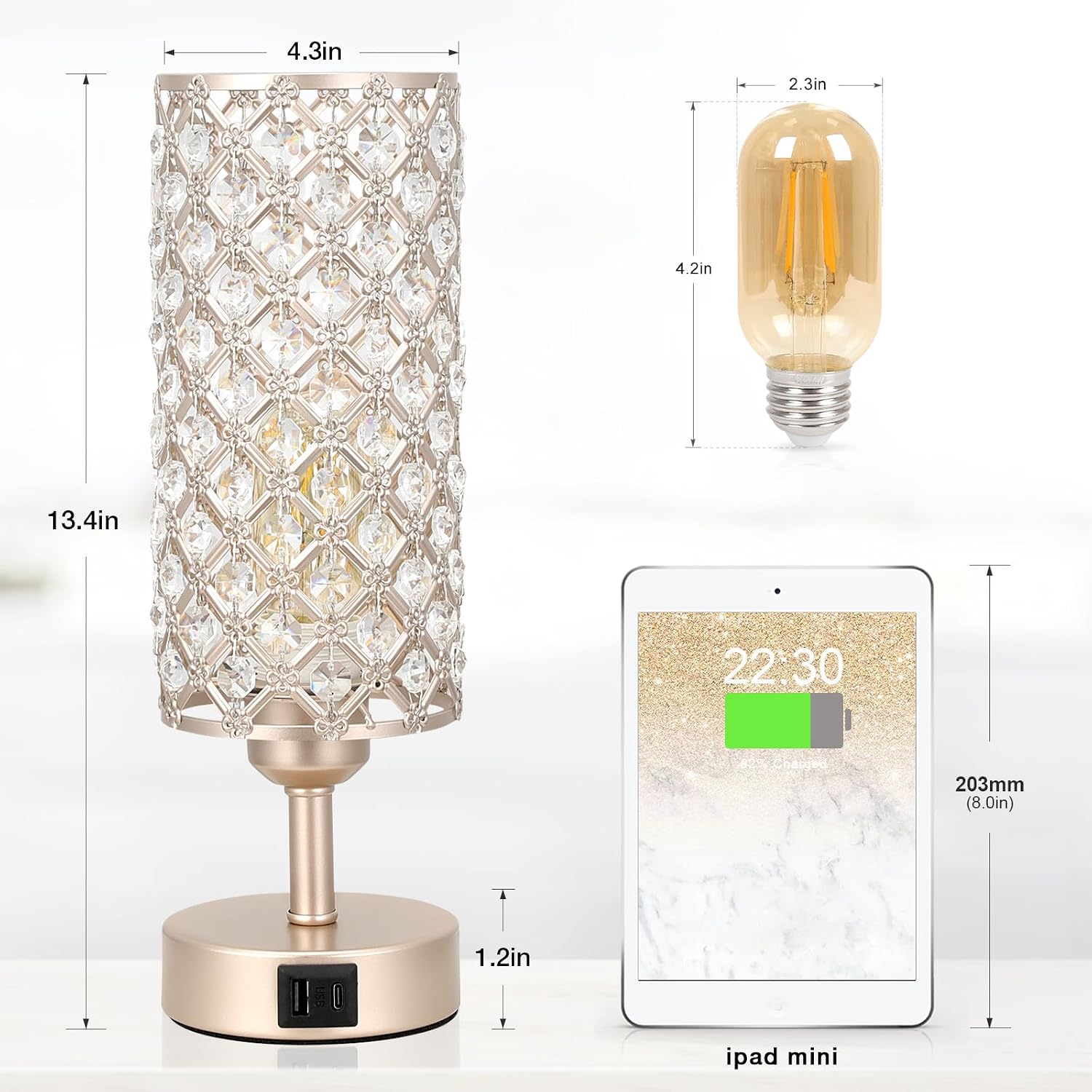 Crystal Table Lamp with USB C+A Ports, 3 Way Dimmable Touch Lamp with Crystal Shade, Champagne Gold Bedside Nightstand Small Lamp for…