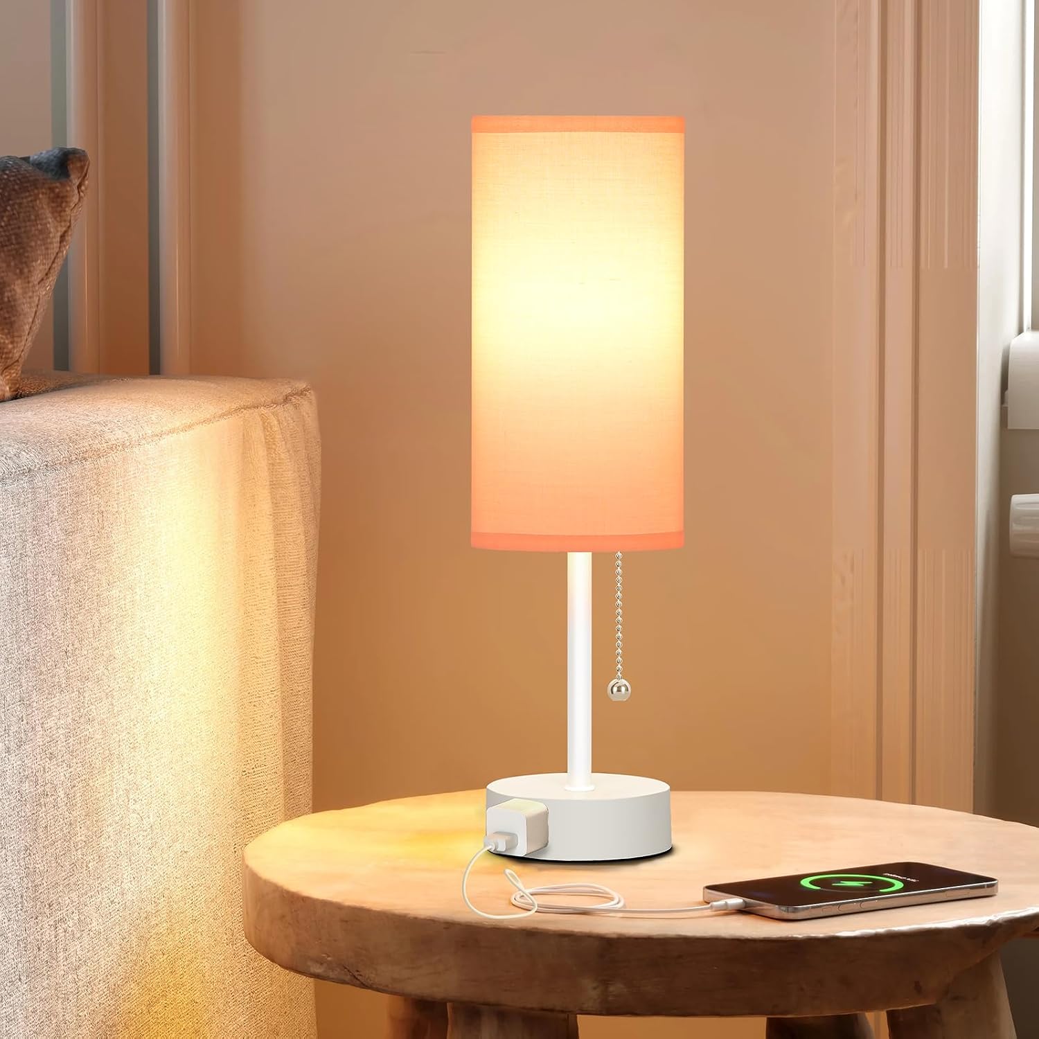 Dott Arts Table Lamp for Bedroom, 3-Color Bedside Lamps with Pull Chain, Bedroom Table Lamps for Nightstand, AC Outlet Small Lamp for…