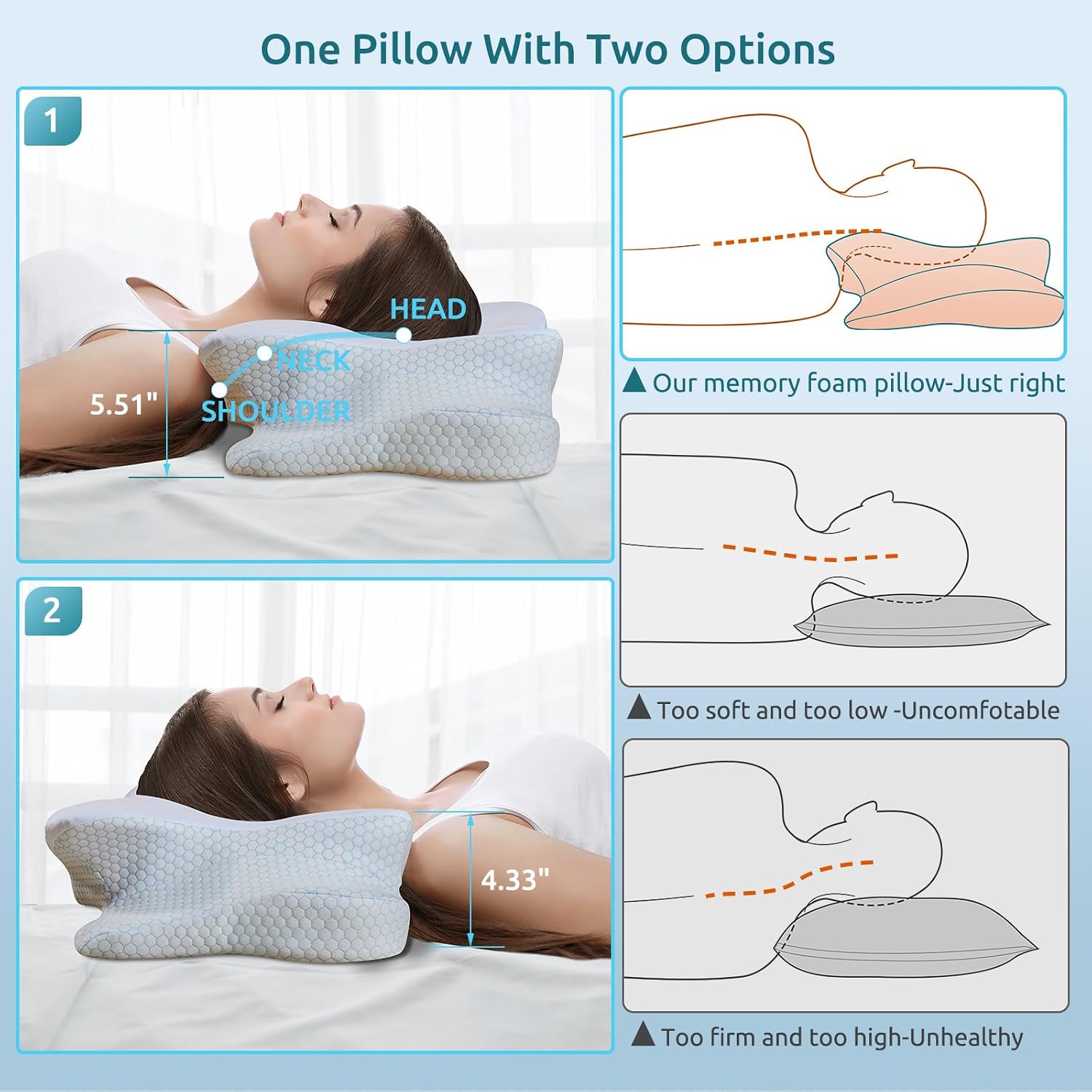 Donama Cervical Pillow for Neck and Shoulder, Cooling Contour Memory Foam Pillow, Dual-Height Ergonomic Neck Support Pillow for Side Back…