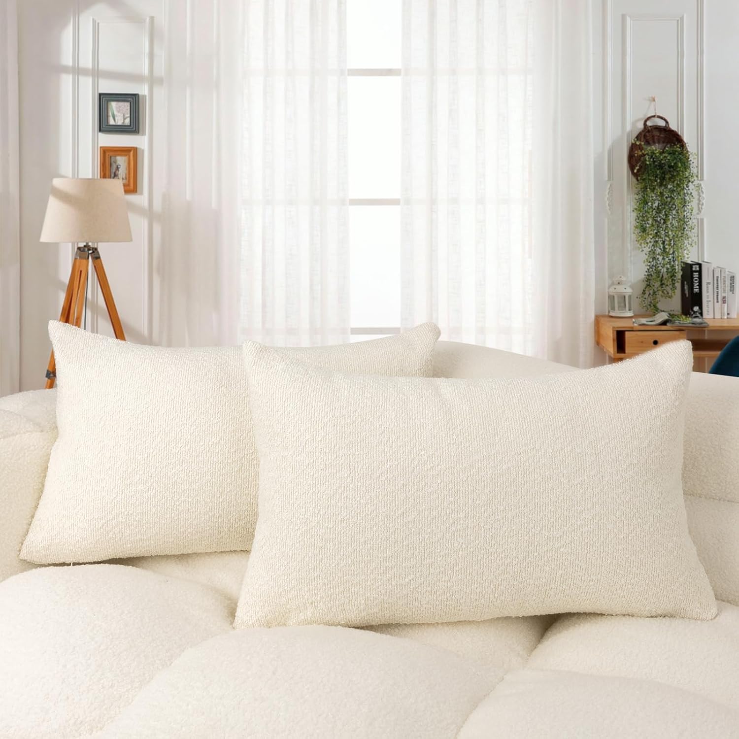 JoraLion 12x20 inch Boucle Throw Pillow Covers, Cream Woven Texture Neutral Pillow Cover Breathable Cushion Case for Couch Sofa Bed…
