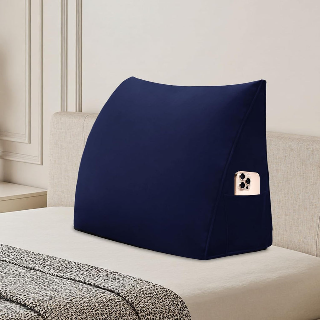 Wedge Headboard Pillow Reading Backrest Pillow for Sitting in Bed Sofa Dorm with Removable Cover Side Pockets Dutch Velvet Fabric Dark Blue