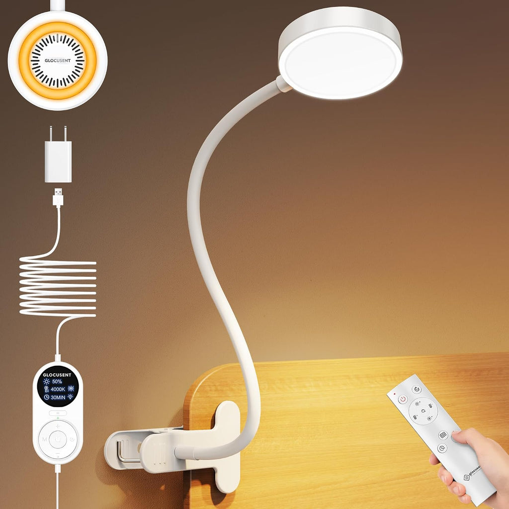 Glocusent 72 LED Clip on Lamp with Remote, Reading Light with Amber Ring, 3 Colors & 5 Dimmable Bed Lamp, 30/60-Min Auto Off Timer, Clamp…