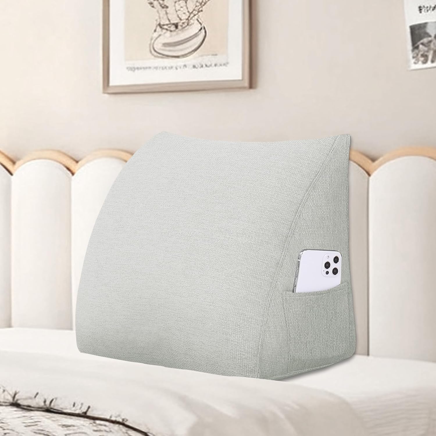 Wedge Headboard Pillow Reading Pillows for Sitting in Bed Adult Backrest Cushion with Removable Cover Side Pockets Sofa Ivory White…