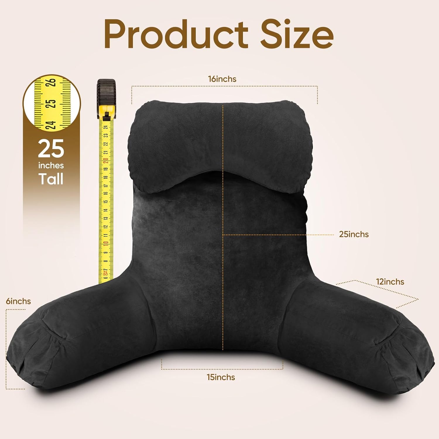 OAISZ Reading Pillow for Sitting in Bed Adult, Reading Pillow with Shredded Memory Foam (Black, Extra Large 25" H)