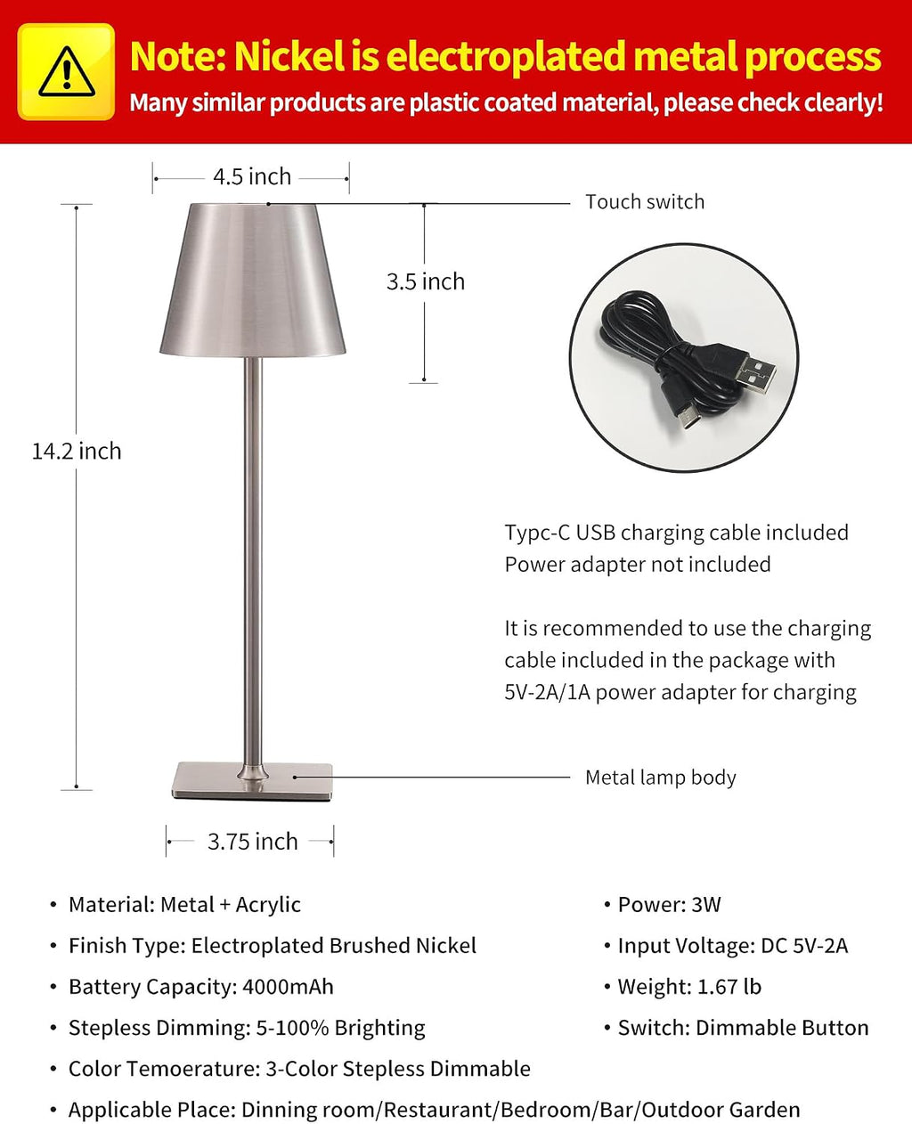 KDG 2 Pack Cordless Table Lamp, Portable LED Desk Lamp, 4000mAh Battery Operated, 3 Color Stepless Dimming Up, for…
