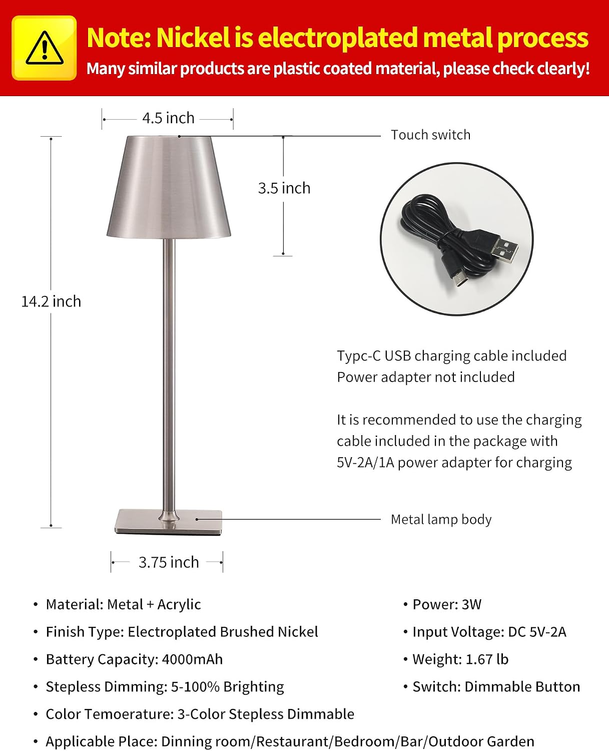 KDG 2 Pack Cordless Table Lamp, Portable LED Desk Lamp, 4000mAh Battery Operated, 3 Color Stepless Dimming Up, for…