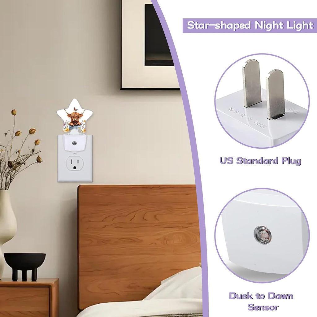 Night Light, Highland Cow Night Lights Plug into Wall Butterfly Flowers Decorations for Bedroom Bathroom, Dusk to Dawn Sensor Kitchen…