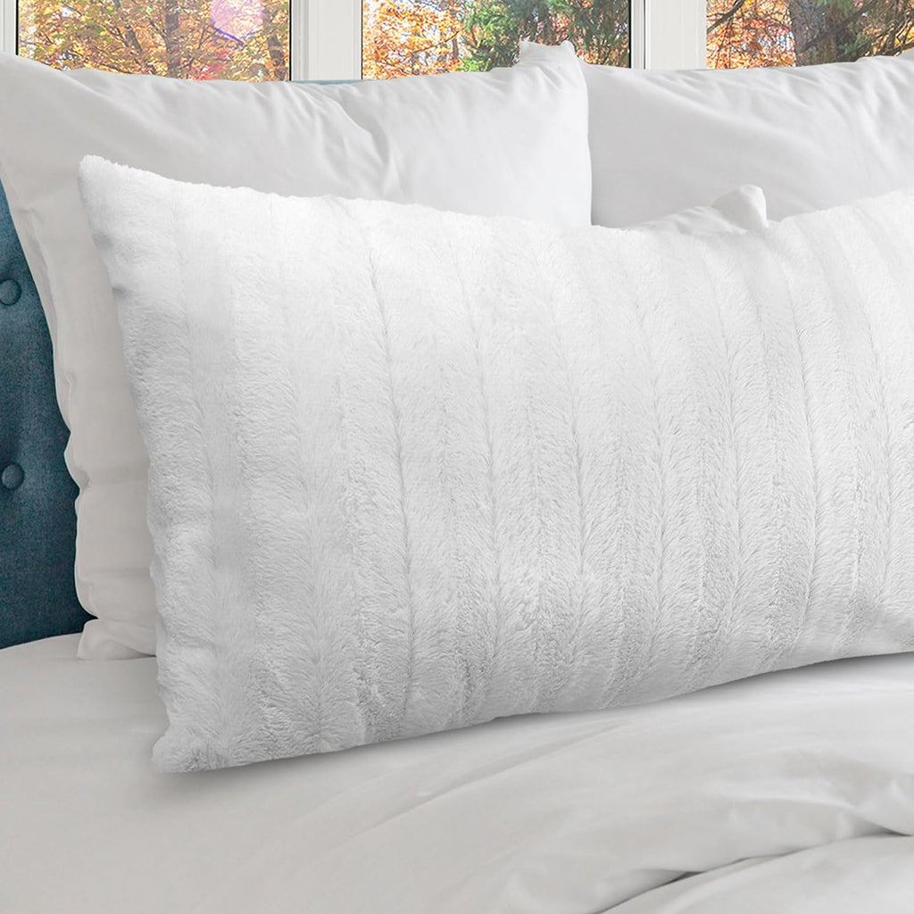 Cheer Collection Faux Fur Long Body Pillow - Accent Throw Pillow for Bed and Couch - Decorative Lumbar Pillow with Insert, White (18" x 40")