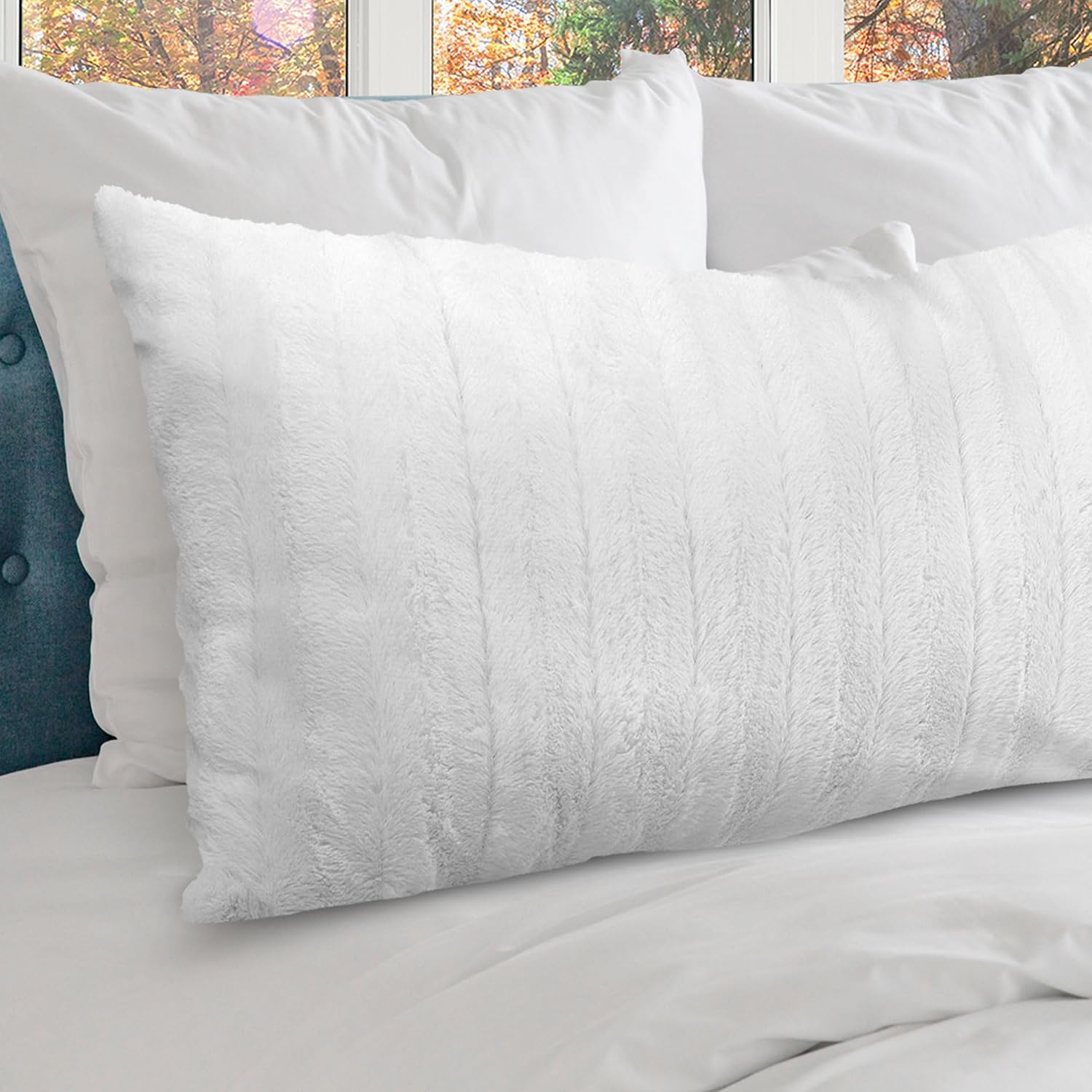 Cheer Collection Faux Fur Long Body Pillow - Accent Throw Pillow for Bed and Couch - Decorative Lumbar Pillow with Insert, White (18" x 40")