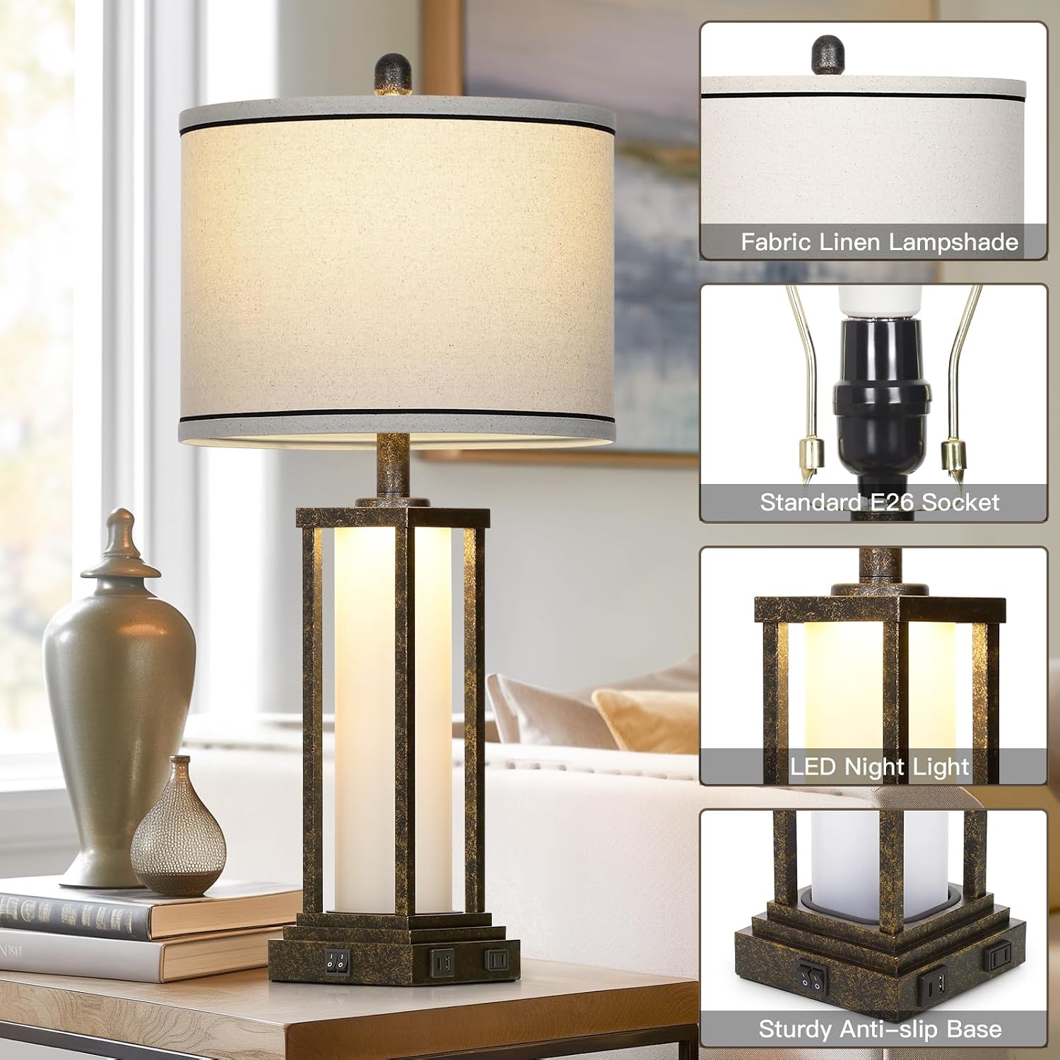 27" Tall Vintage Table Lamp Set of 2 with USB C+A & Outlet, Bronze Industrial End Table Lamp for Living Room, Farmhouse Rustic Bedside…