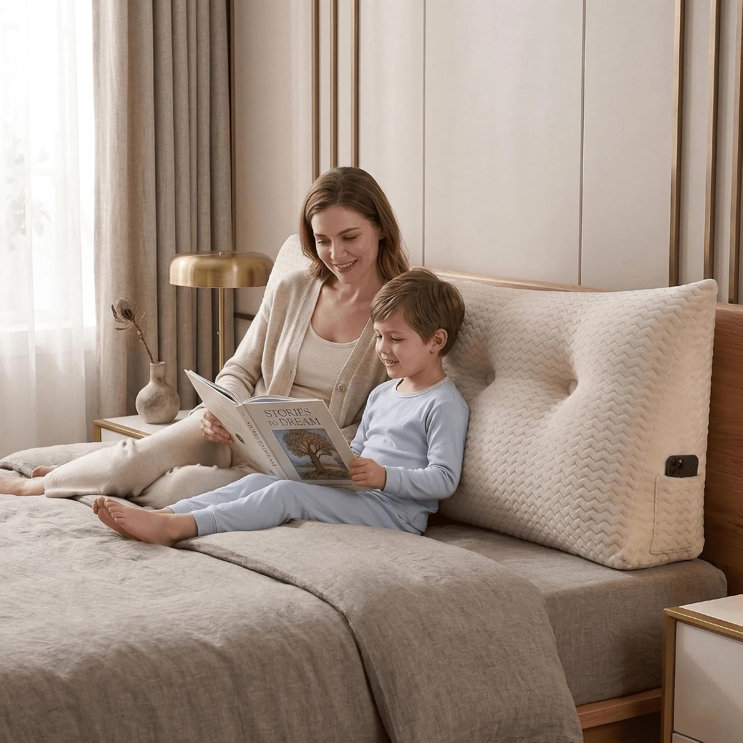 Headboard Pillow King Size, Reading Pillow for Bed, Wave Pattern Wedge Pillow, Tufted Backrest Support, Headboard Substitute, Beige