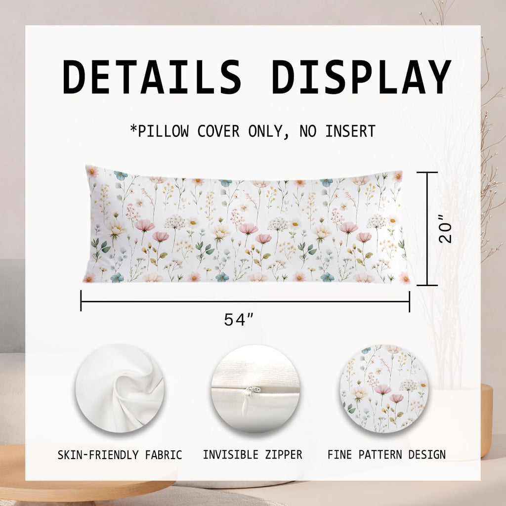 Boho Floral 20x54 Body Pillow Cover, Cottagecore Home Room Decor, Rustic Farmhouse Botanical Wildflower Decorative Long Body Pillow Cases…